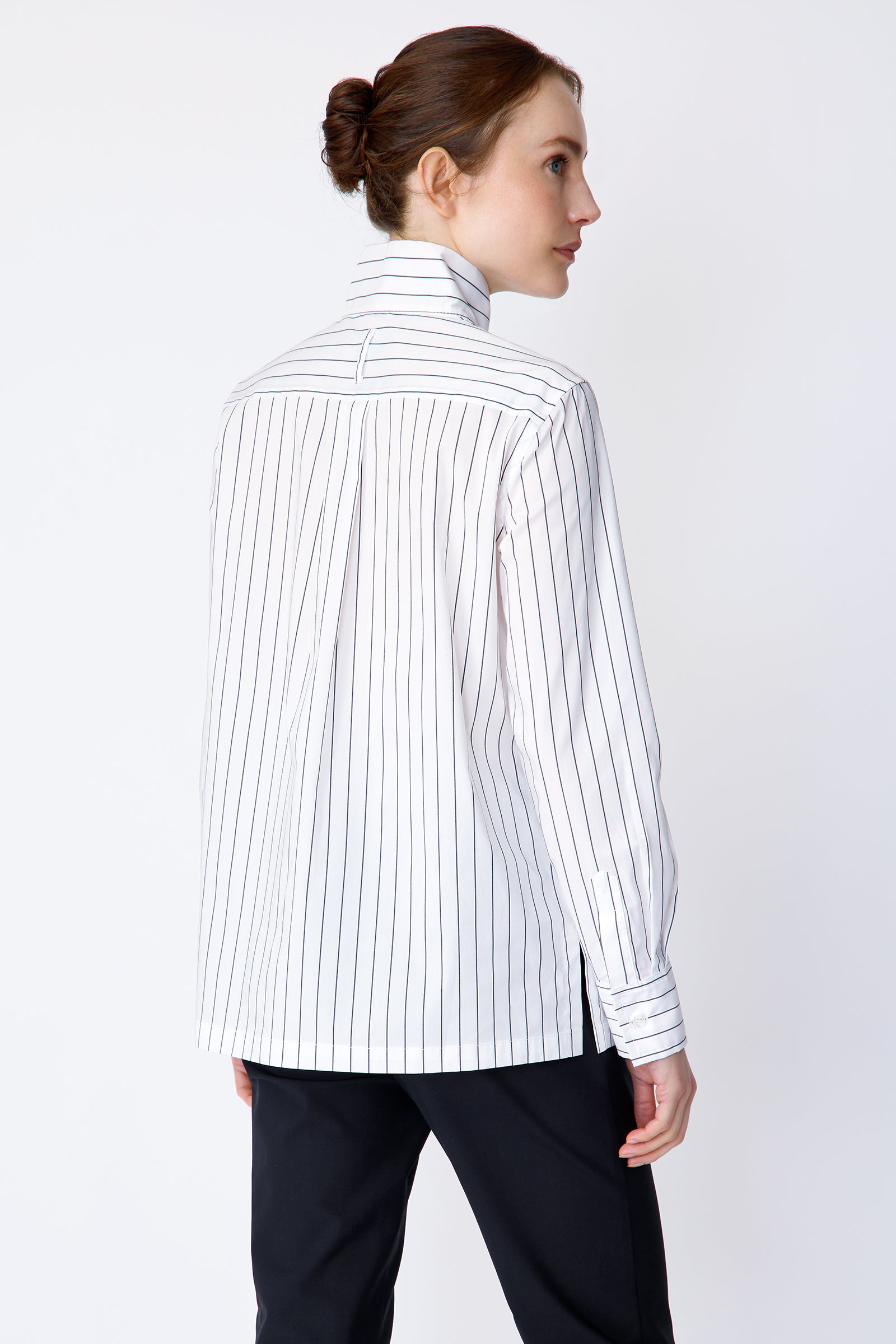 Kal Rieman Marlene Shirt in Piano Stripe stretch shirting on model back view