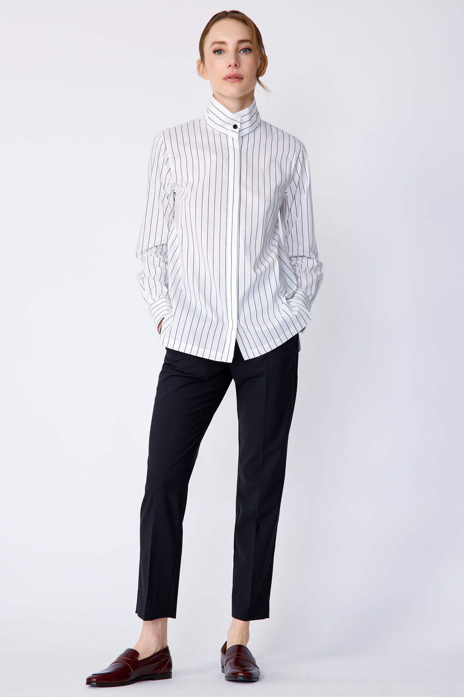Kal Rieman Marlene Shirt in Piano Stripe stretch shirting on model front view full hands in pockets