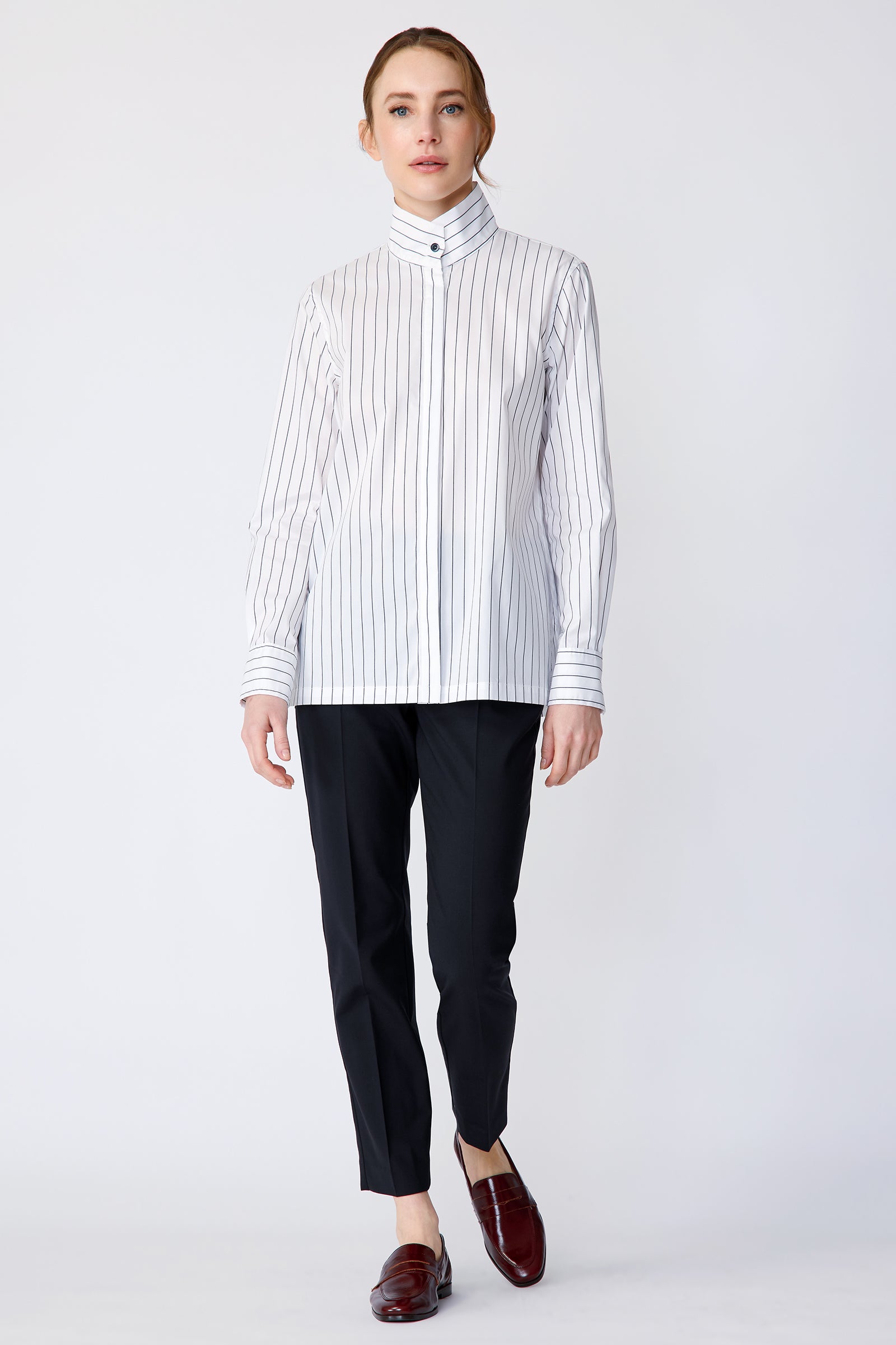 Kal Rieman Marlene Shirt in Piano Stripe stretch shirting on model front view full walking