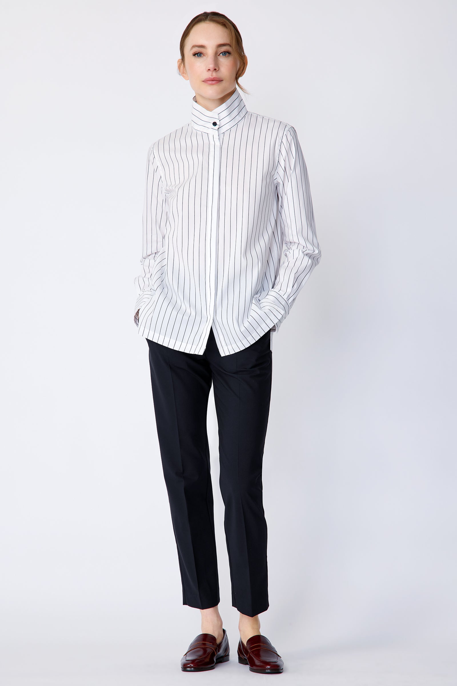Kal Rieman Marlene Shirt in Piano Stripe stretch shirting on model front view full