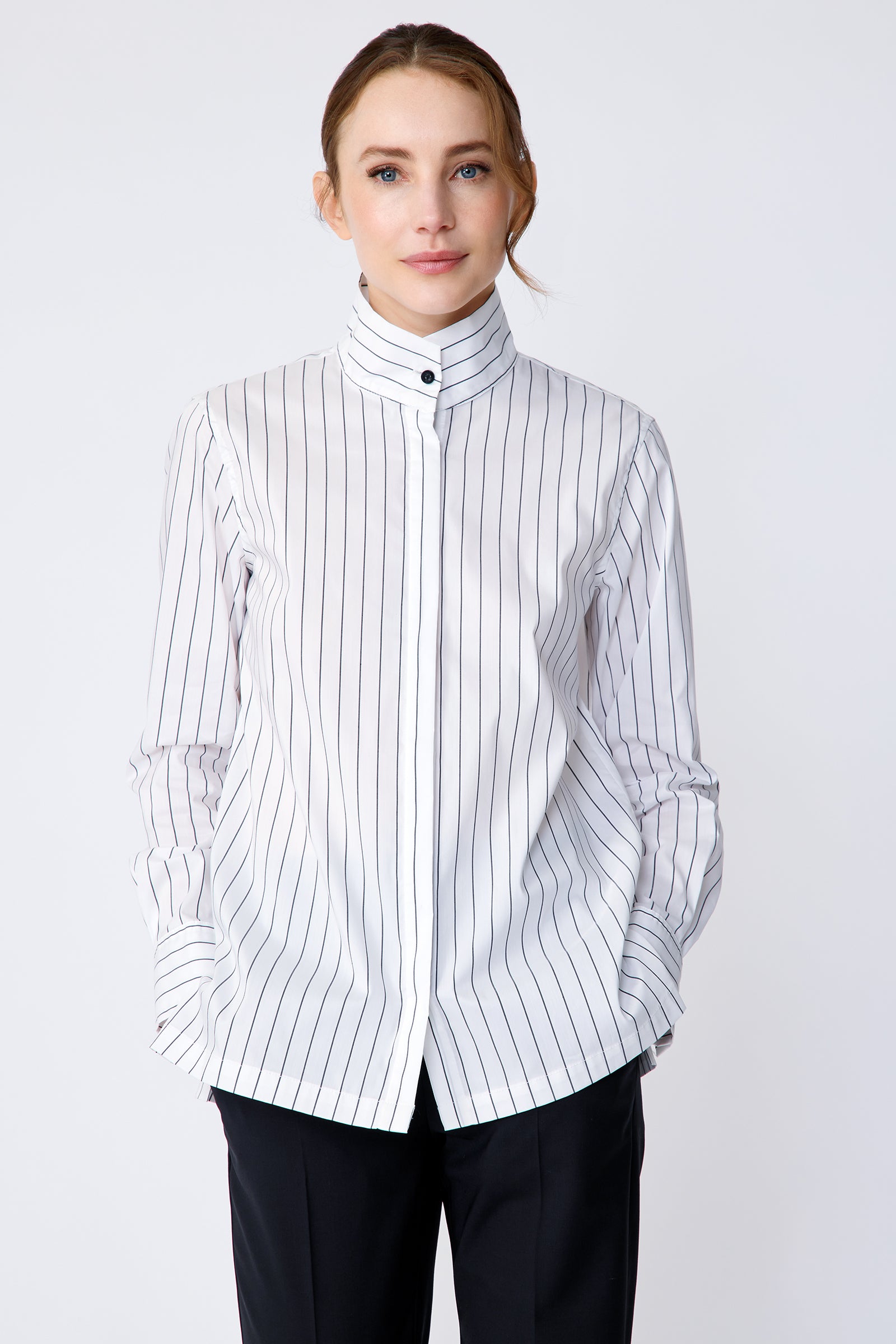 Kal Rieman Marlene Shirt in Piano Stripe stretch shirting on model front View hands in pockets