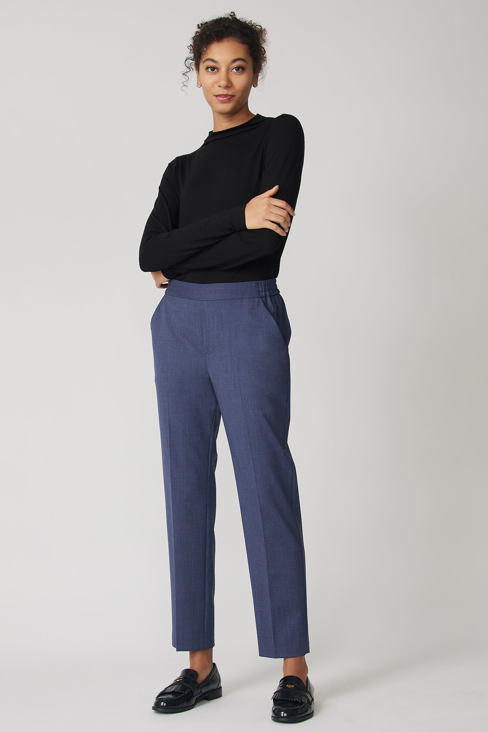 Kal Rieman Martin Trouser in Italian denim suiting on model front view arms crossed