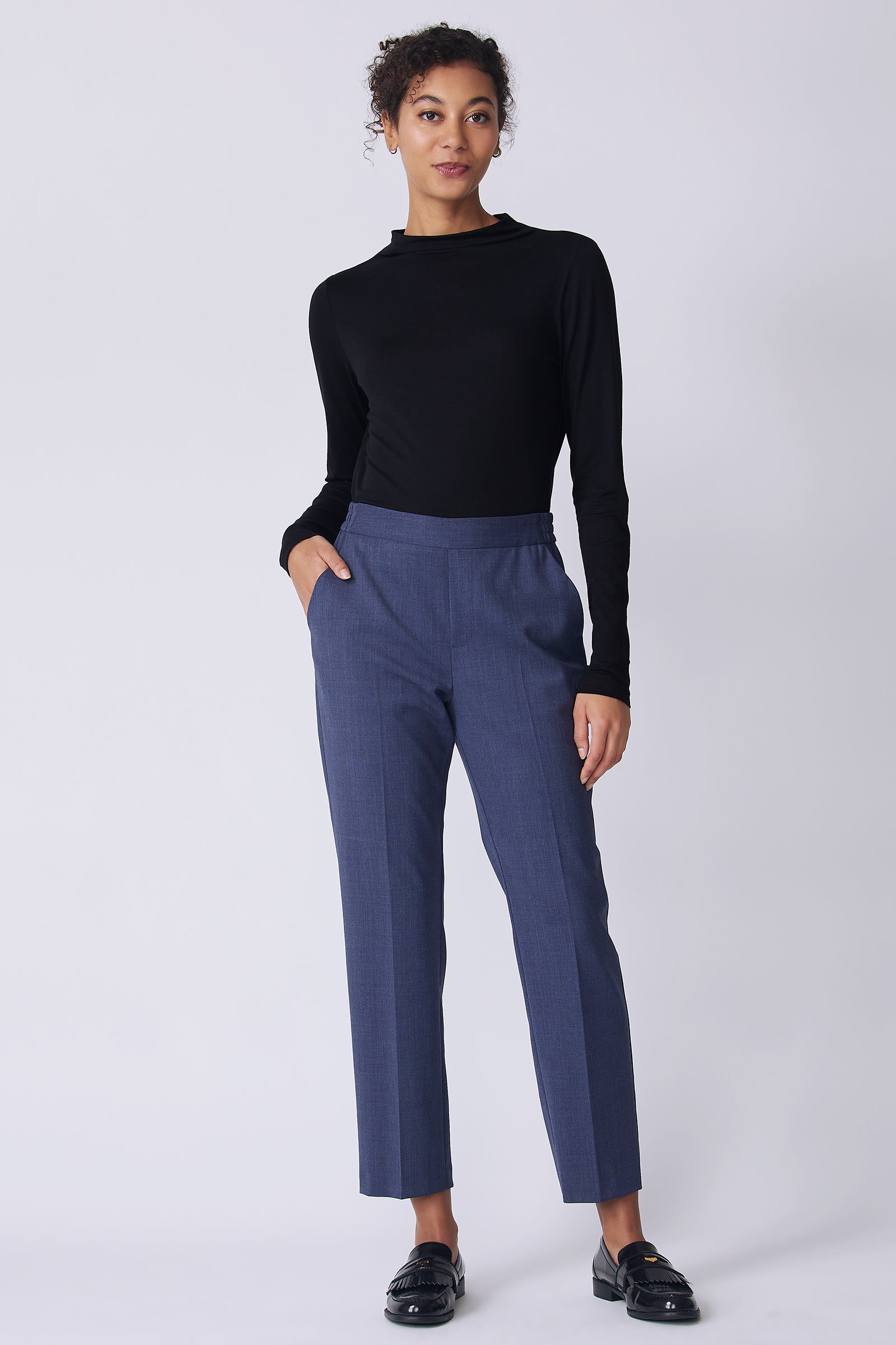 Kal Rieman Martin Trouser in Italian denim suiting on model front view hand in pocket