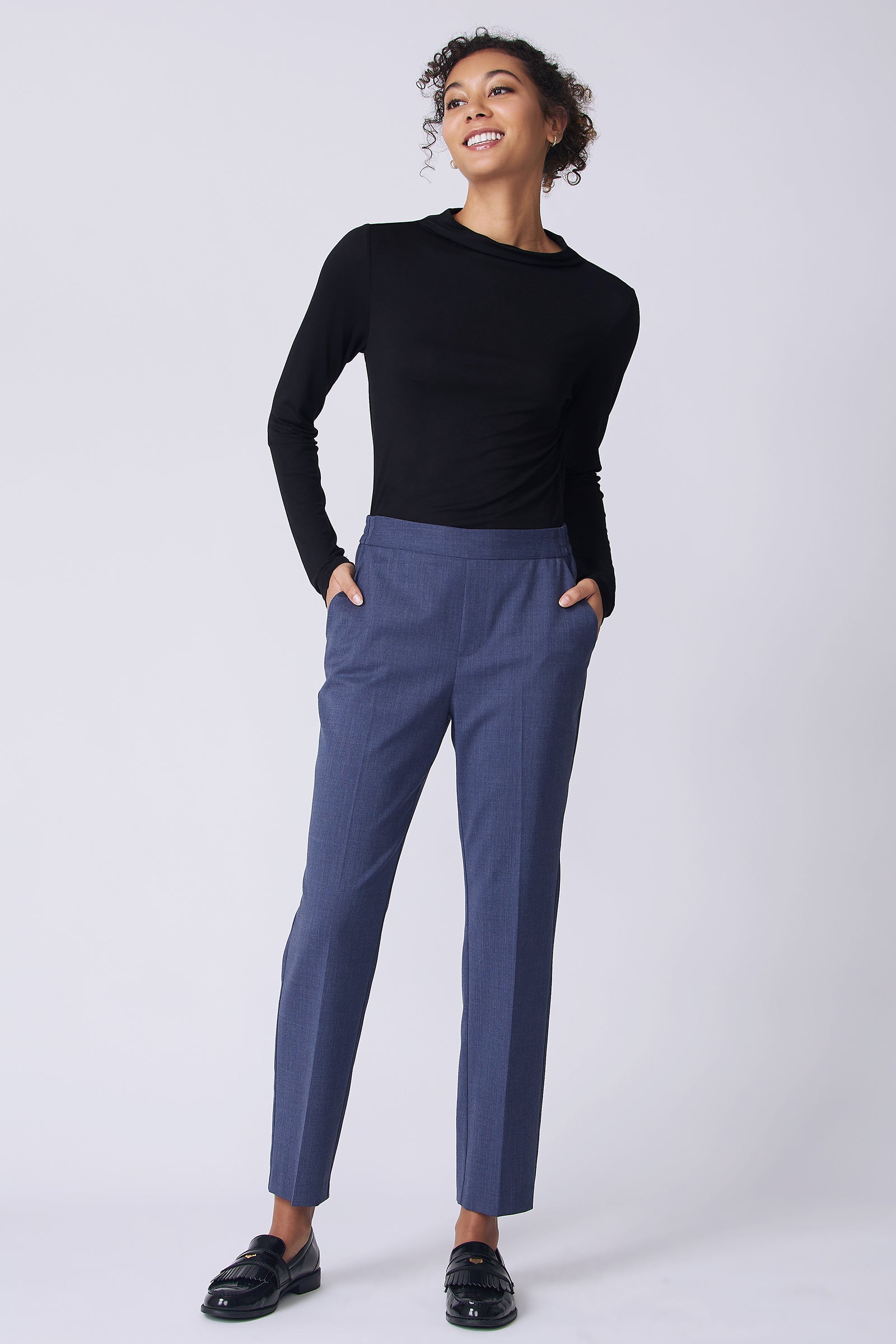 Kal Rieman Martin Trouser in Italian denim suiting on model front view hands in pockets