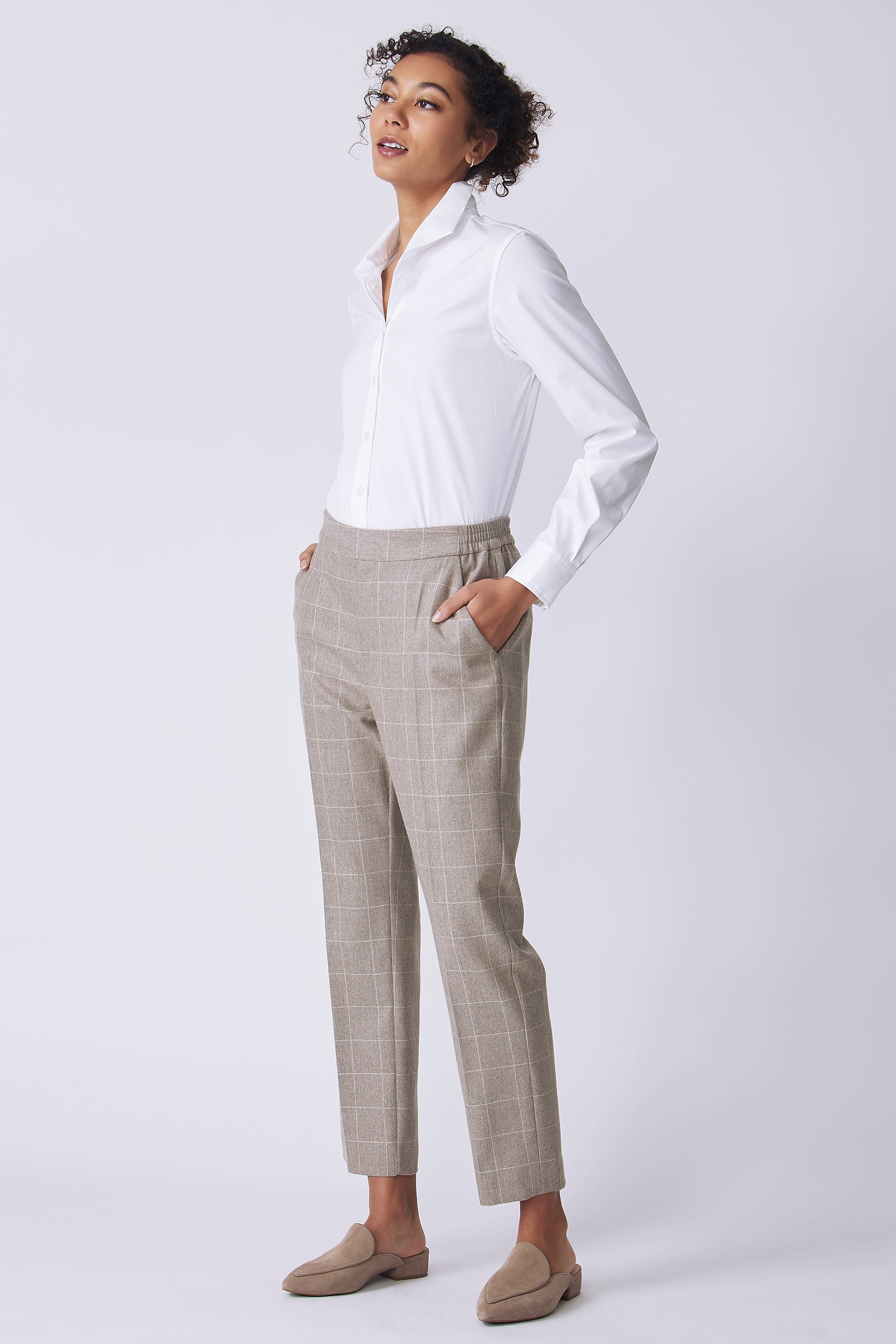 Kal Rieman Martine Trouser in Italian Windowpane on model side view hands in pockets
