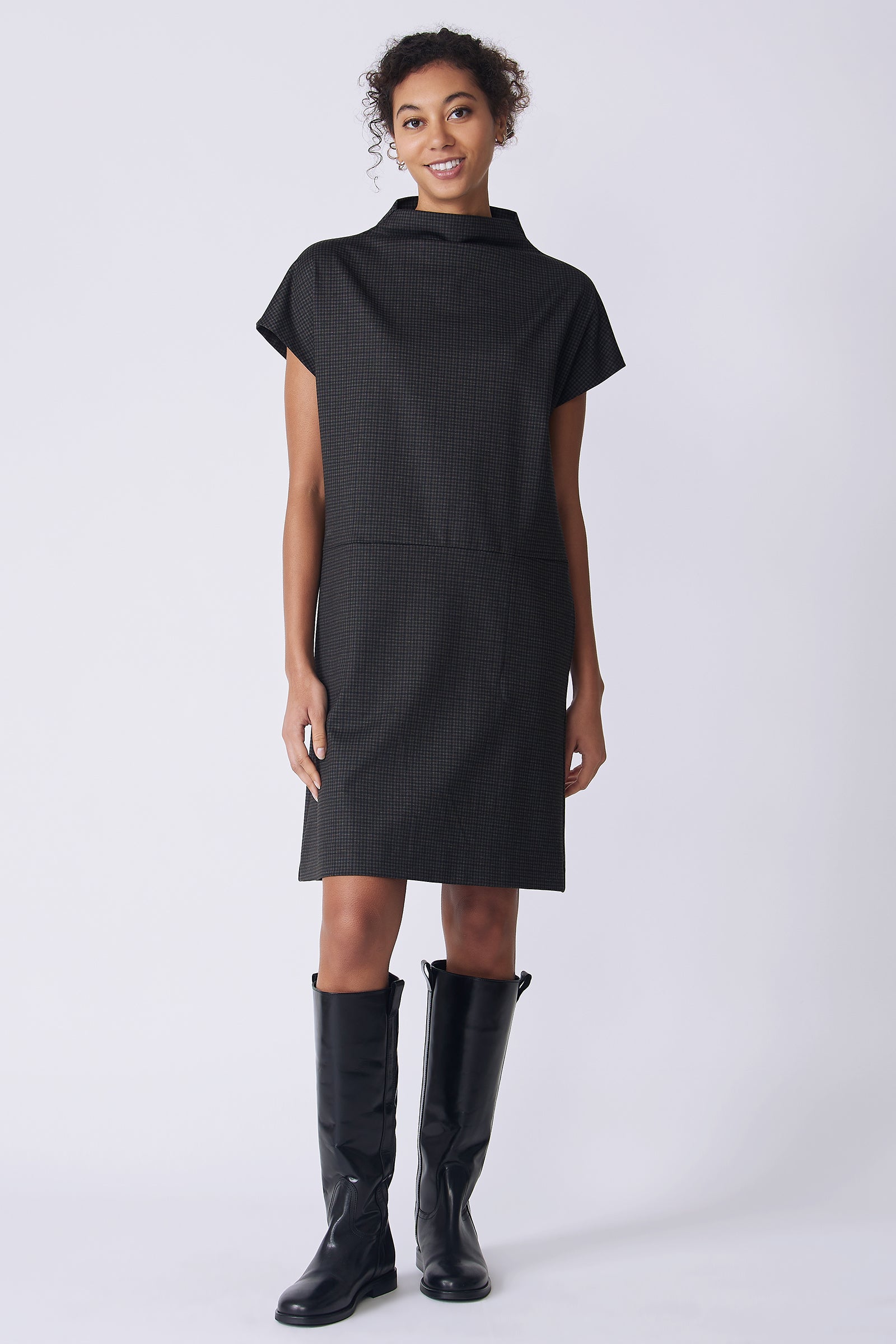 Kal Rieman Maya Funnelneck Dress in mini check ponte on model front view