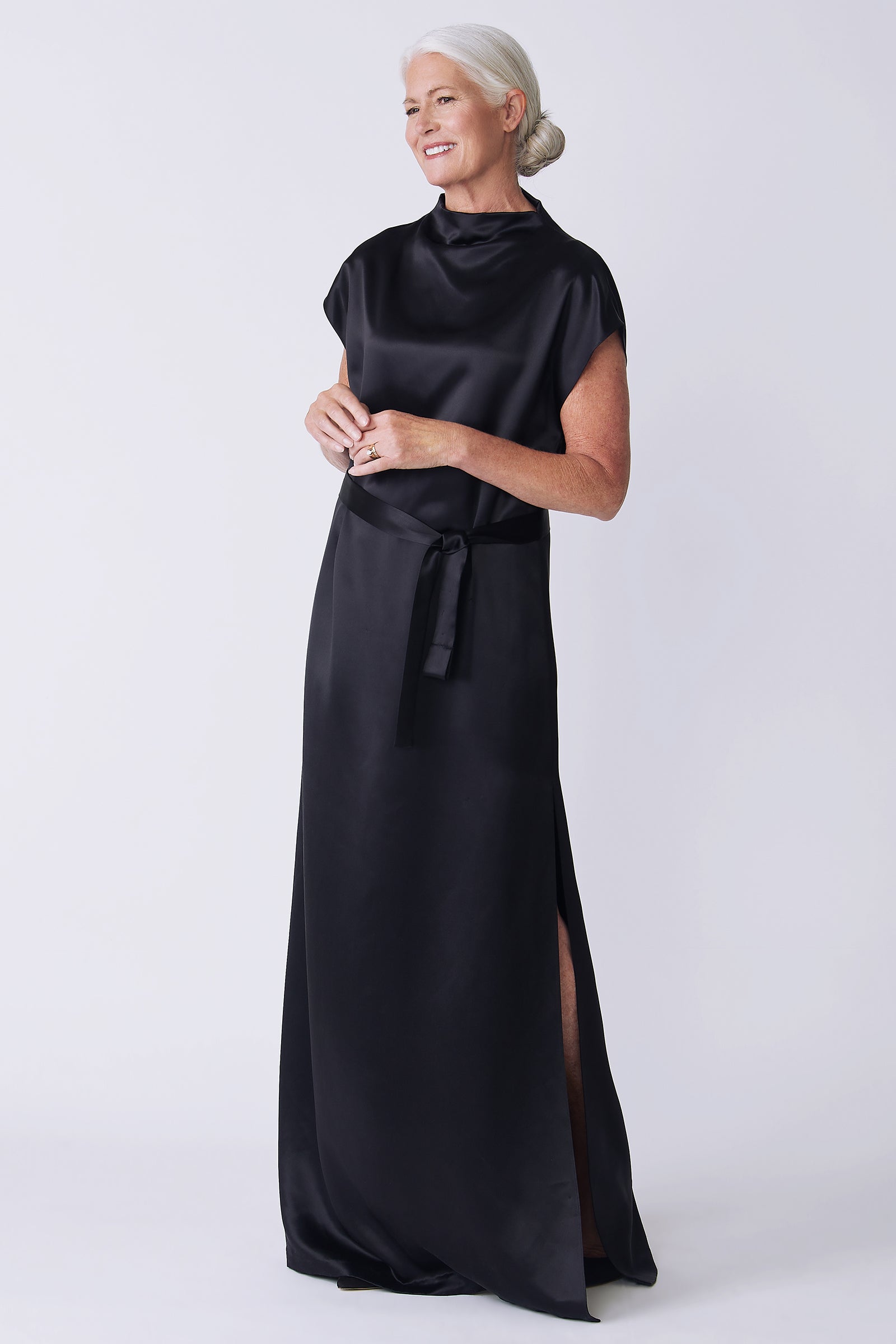 Kal Rieman Maya Gown in black on model side view