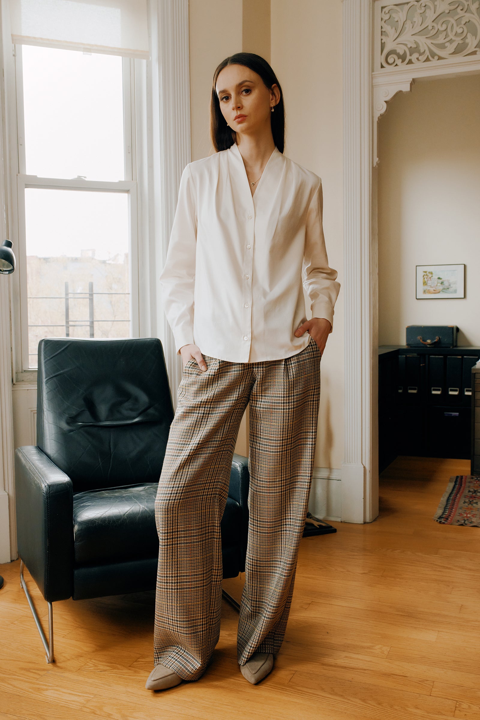 Kal Rieman Nadia Blouse in soft twill ivory on model front view full