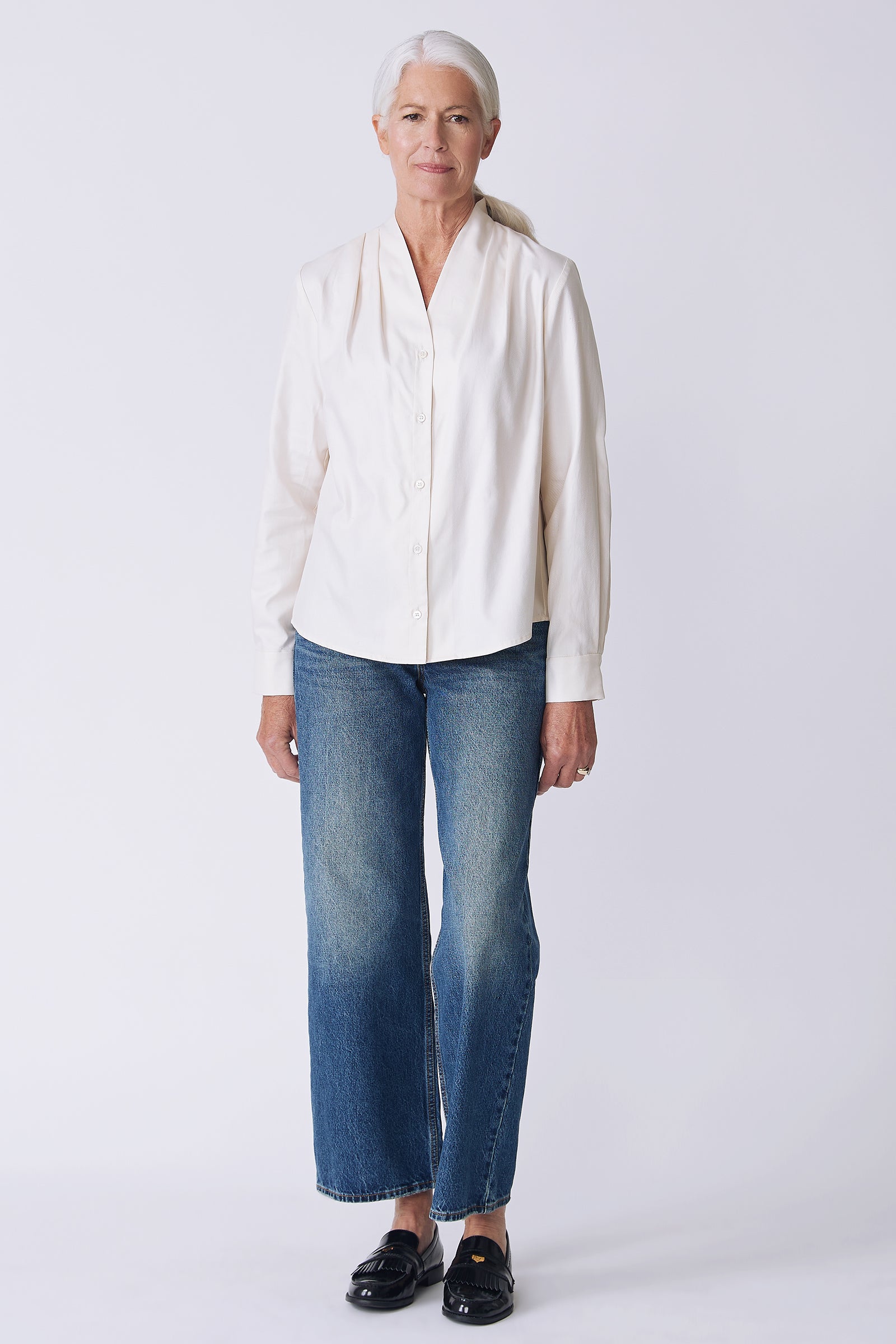 Kal Rieman Nadia Blouse in soft twill ivory on model front view full