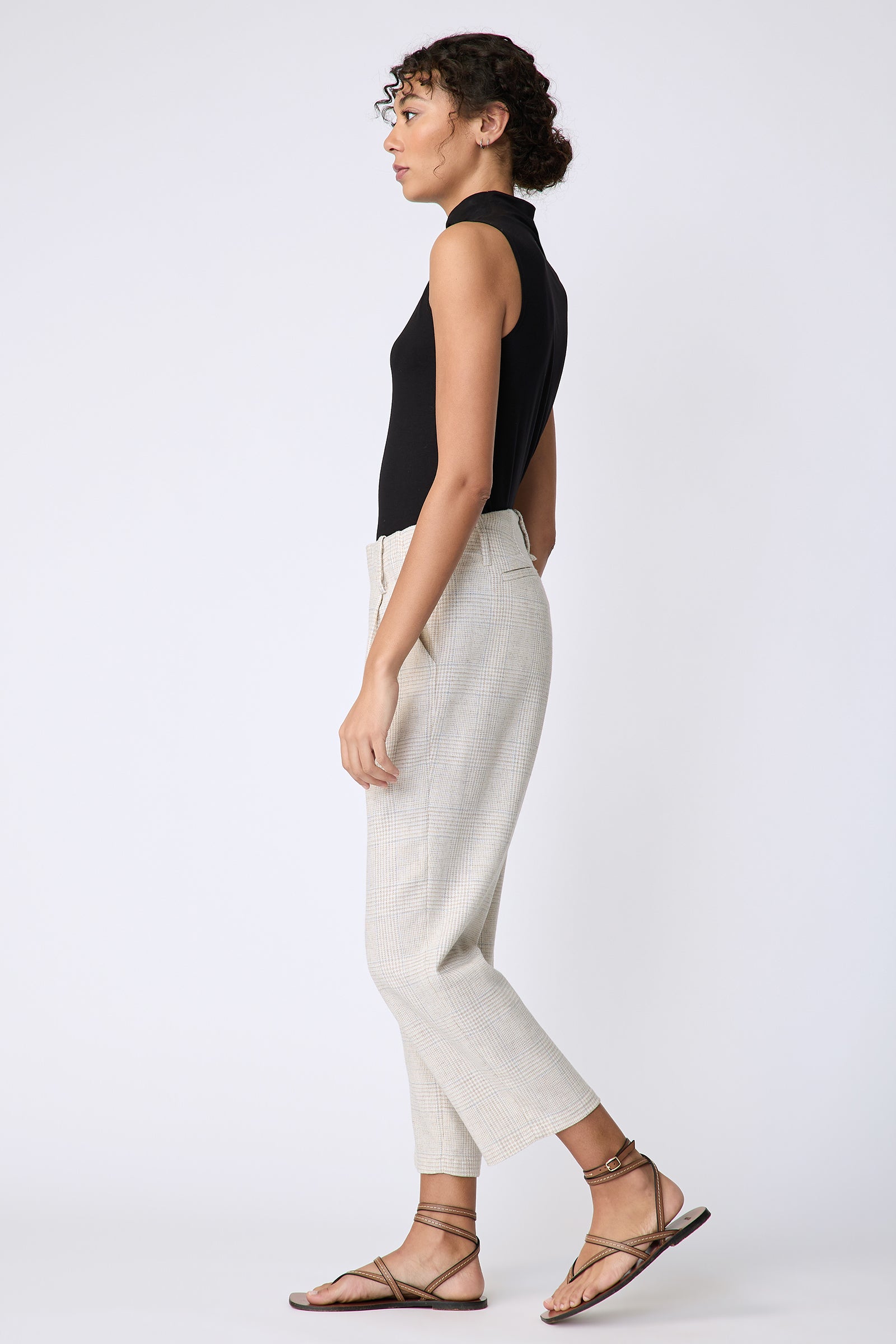 Kal Rieman Nolan Pant in Italian summer plaid on model side view walking