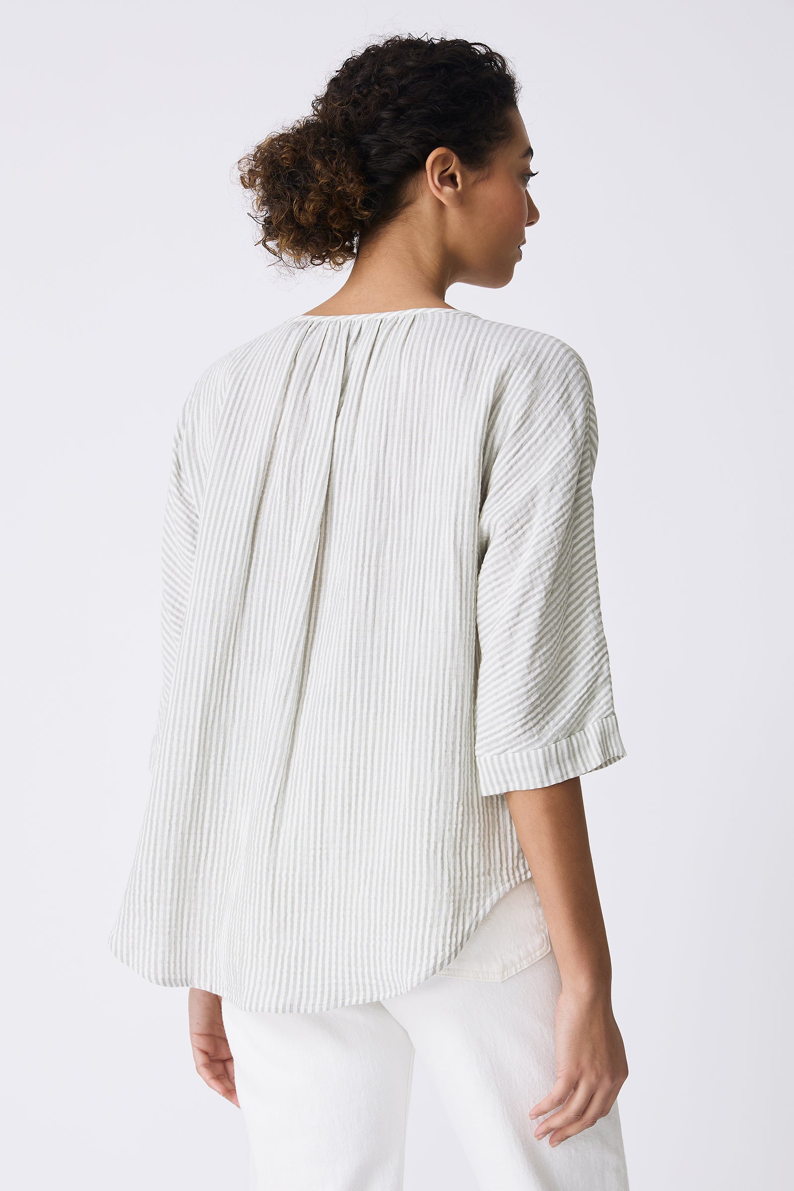 Kal Rieman Nora Notch Front Top in Sage Stripe on model back view