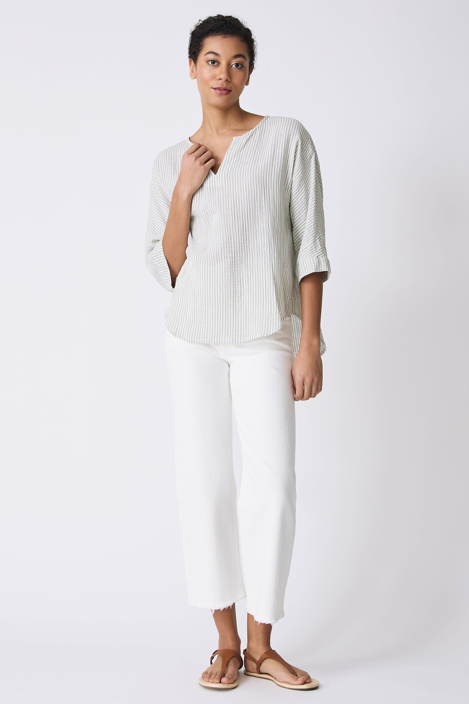 Kal Rieman Nora Notch Front Top in Sage Stripe on model full front view