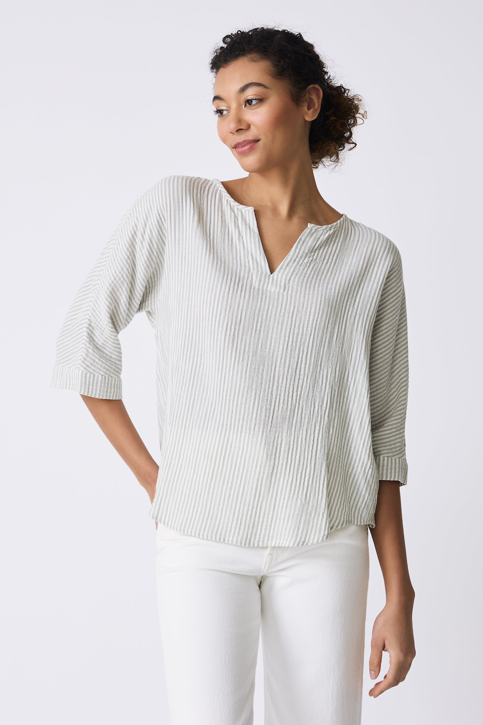 Kal Rieman Nora Notch Front Top in Sage Stripe on model looking right front view