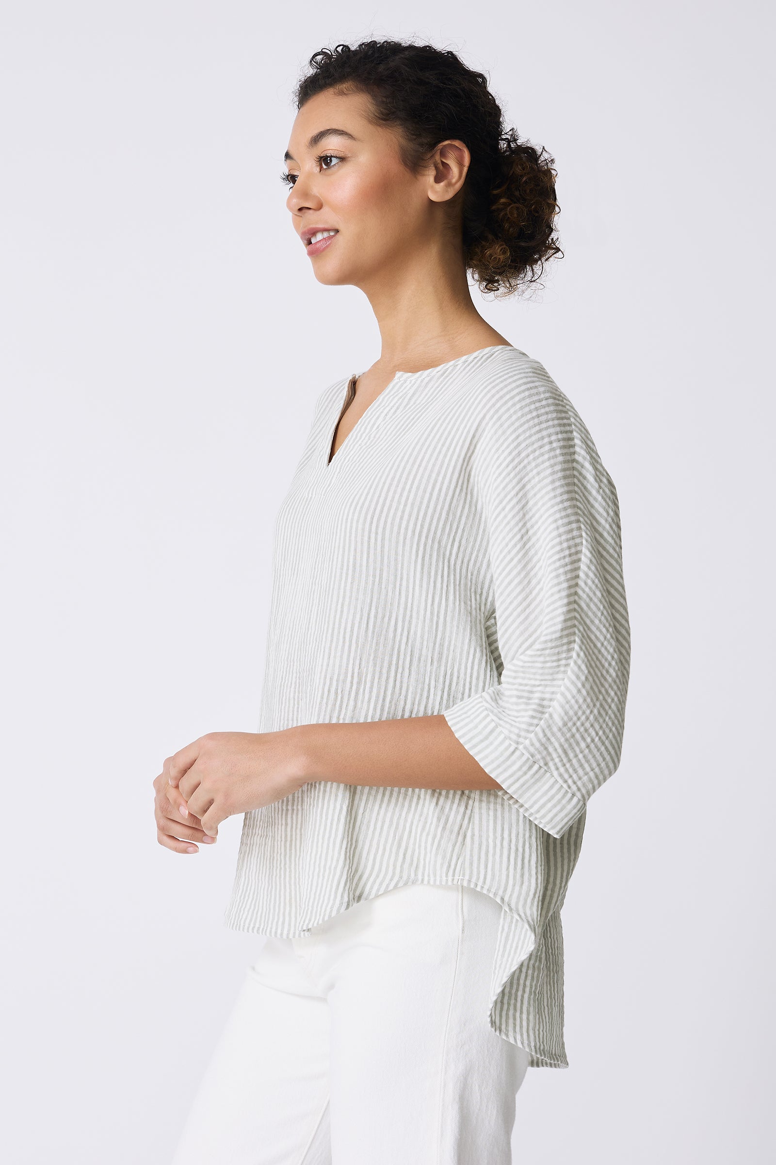 Kal Rieman Nora Notch Front Top in Sage Stripe on model side view