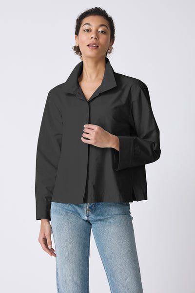 Peggy Collared Shirt in Black Italian Broadcloth with High Collar