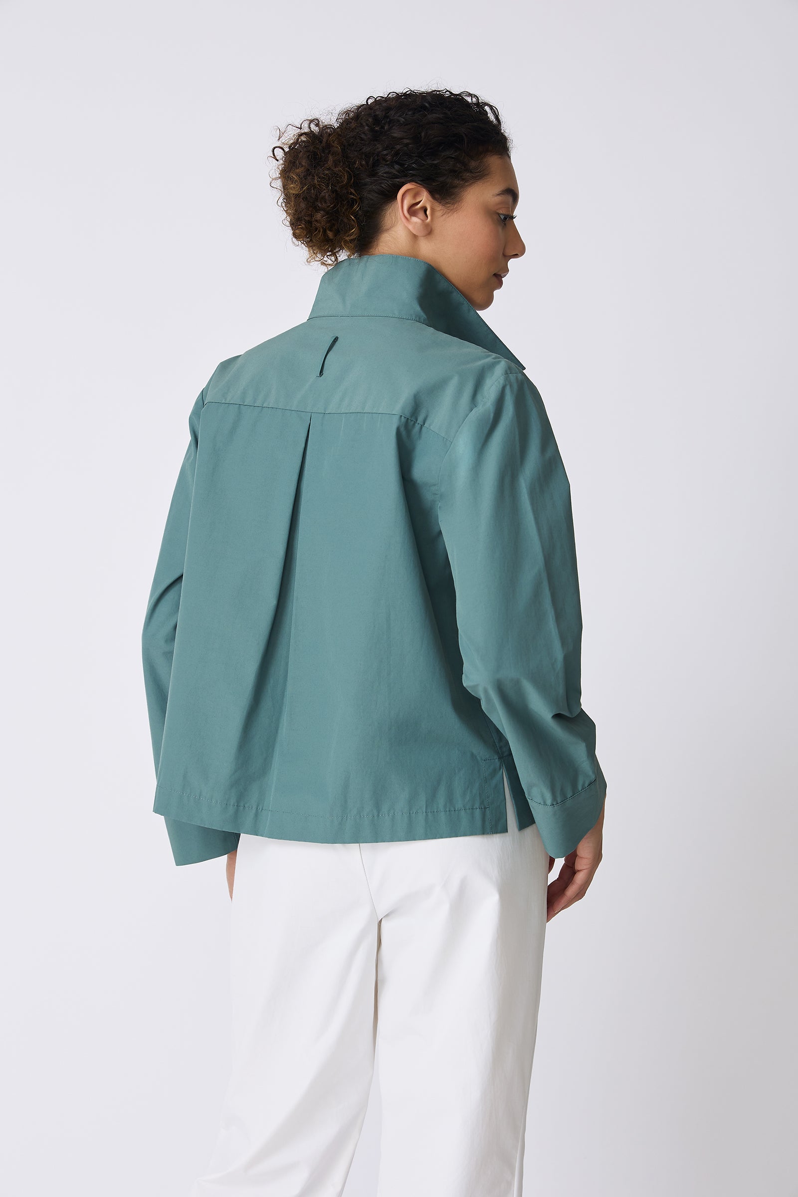 Kal Rieman Peggy Collared Shirt in Sage on model looking right back view