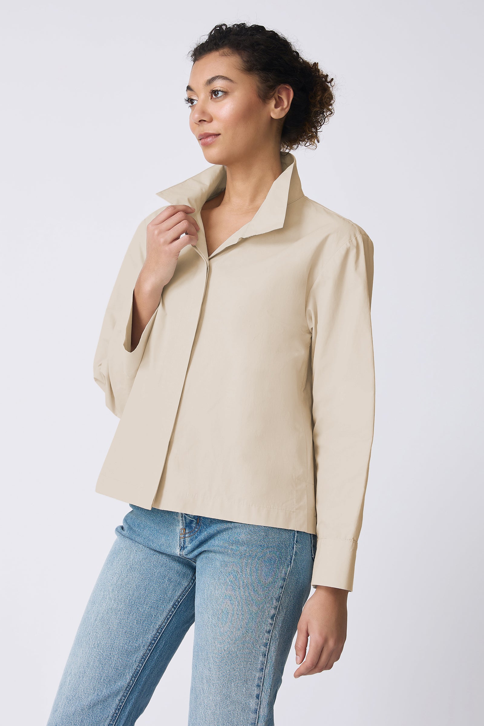 Kal Rieman Peggy Collared Jacket in Sand on Model side view detail
