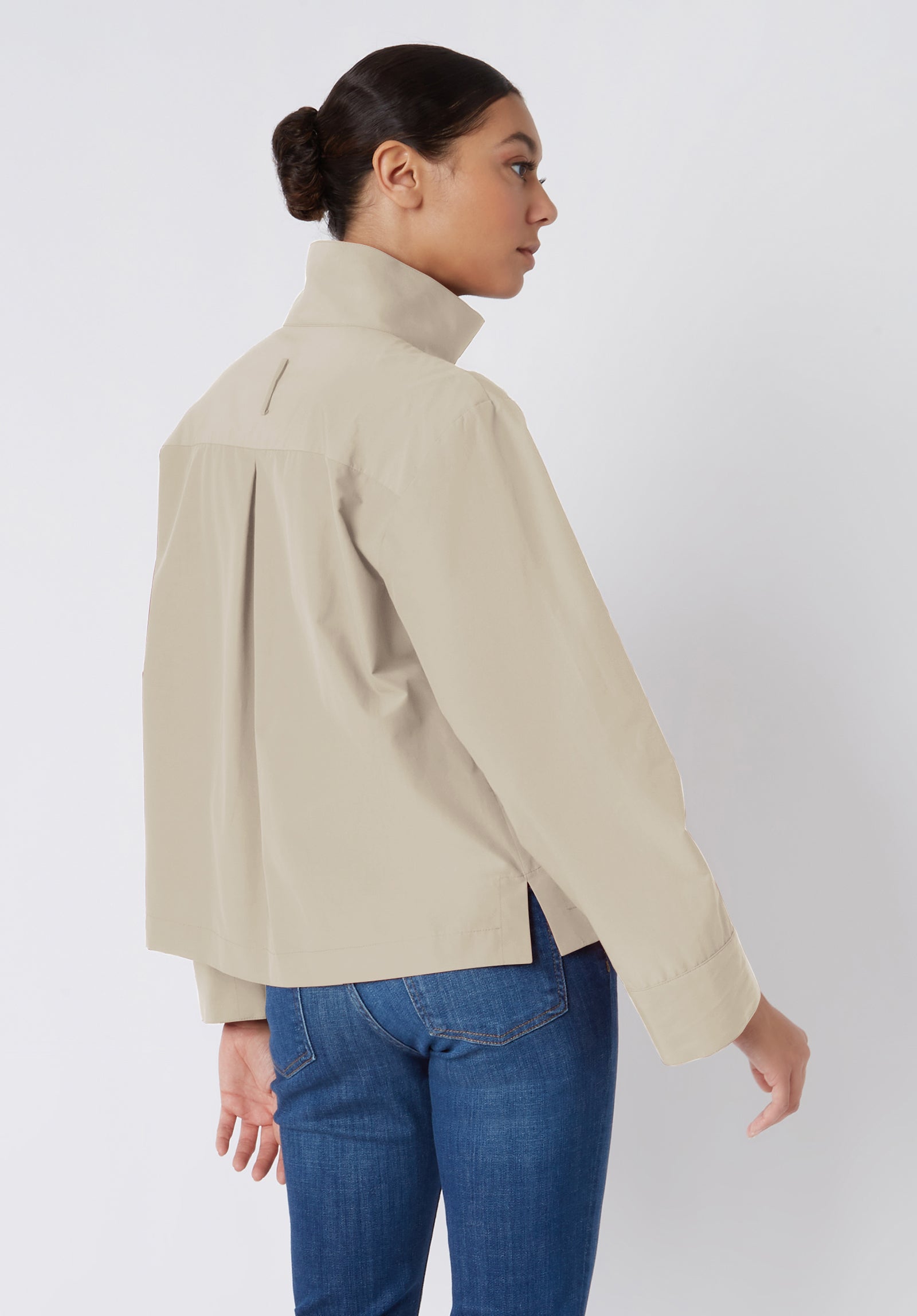 Kal Rieman Peggy Collared Shirt in Classic Khaki Broadcloth on Model Smiling Cropped Front View