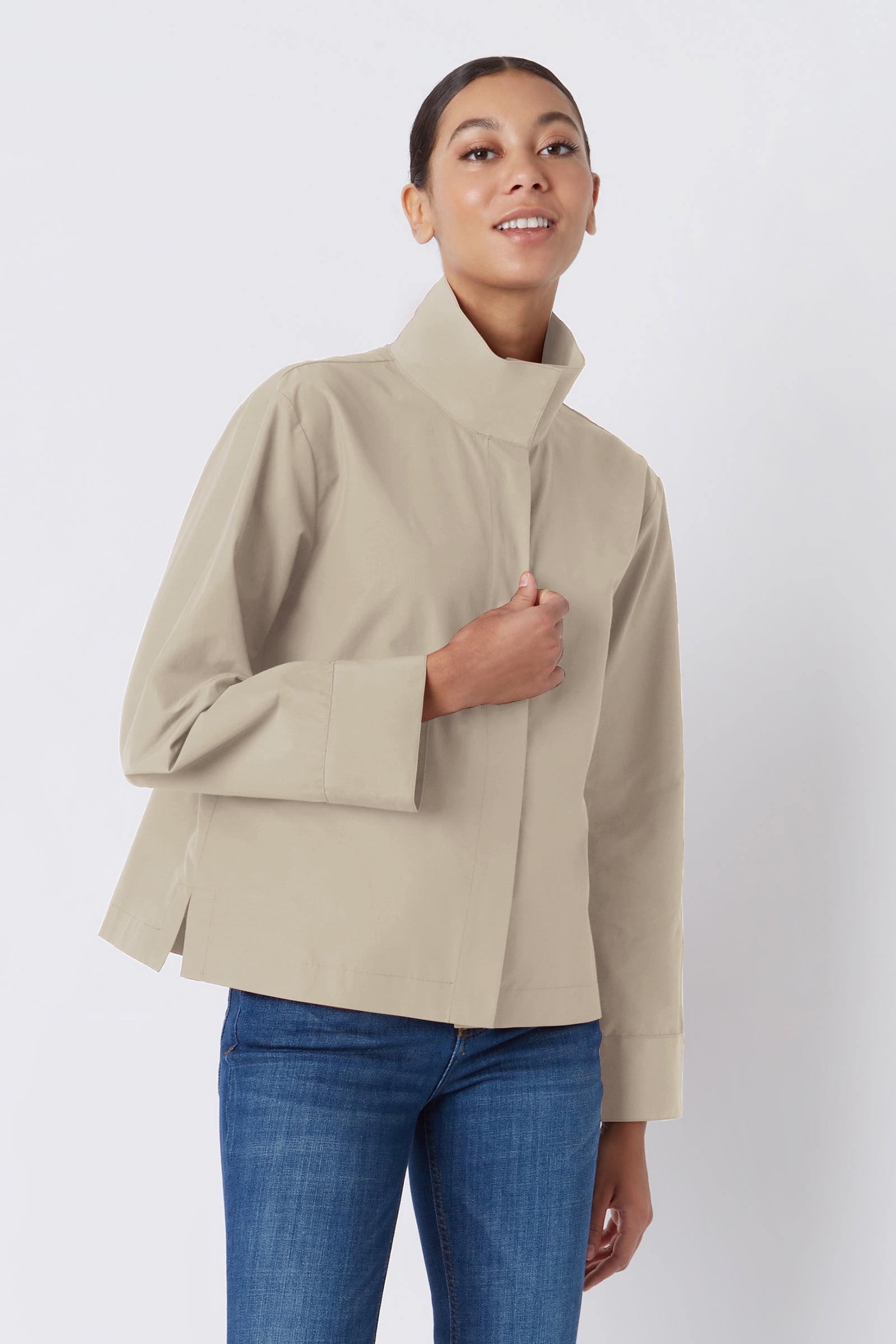 Kal Rieman Peggy Collared Shirt in Classic Khaki Broadcloth on Model Smiling Cropped Front View