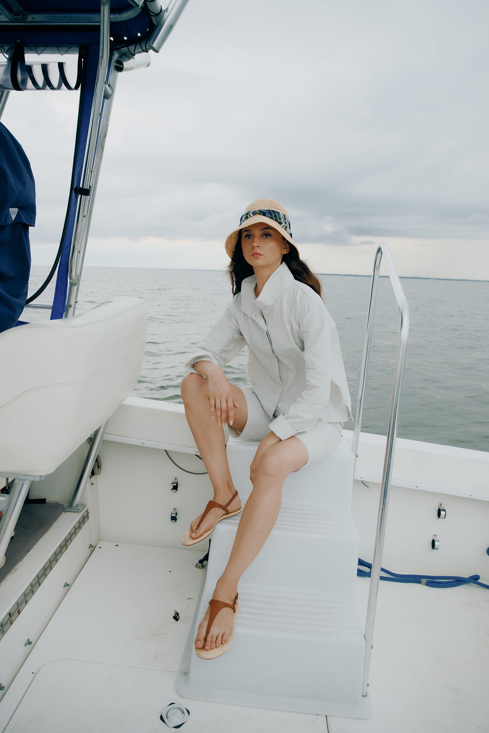Kal Rieman Peggy Collared Shirt in Stone on model lookbook image