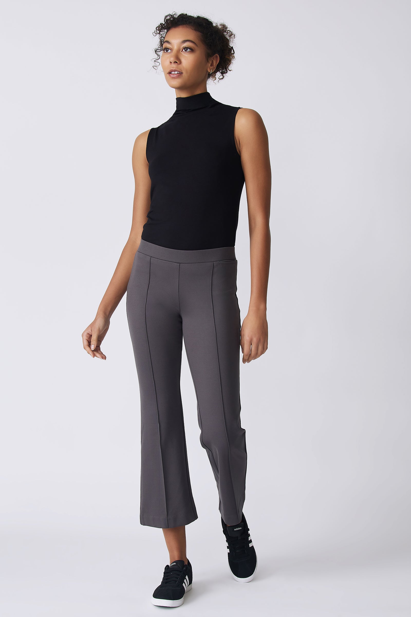 Kal Rieman Pintuck Crop Flare in charcoal ponte on model front view walking