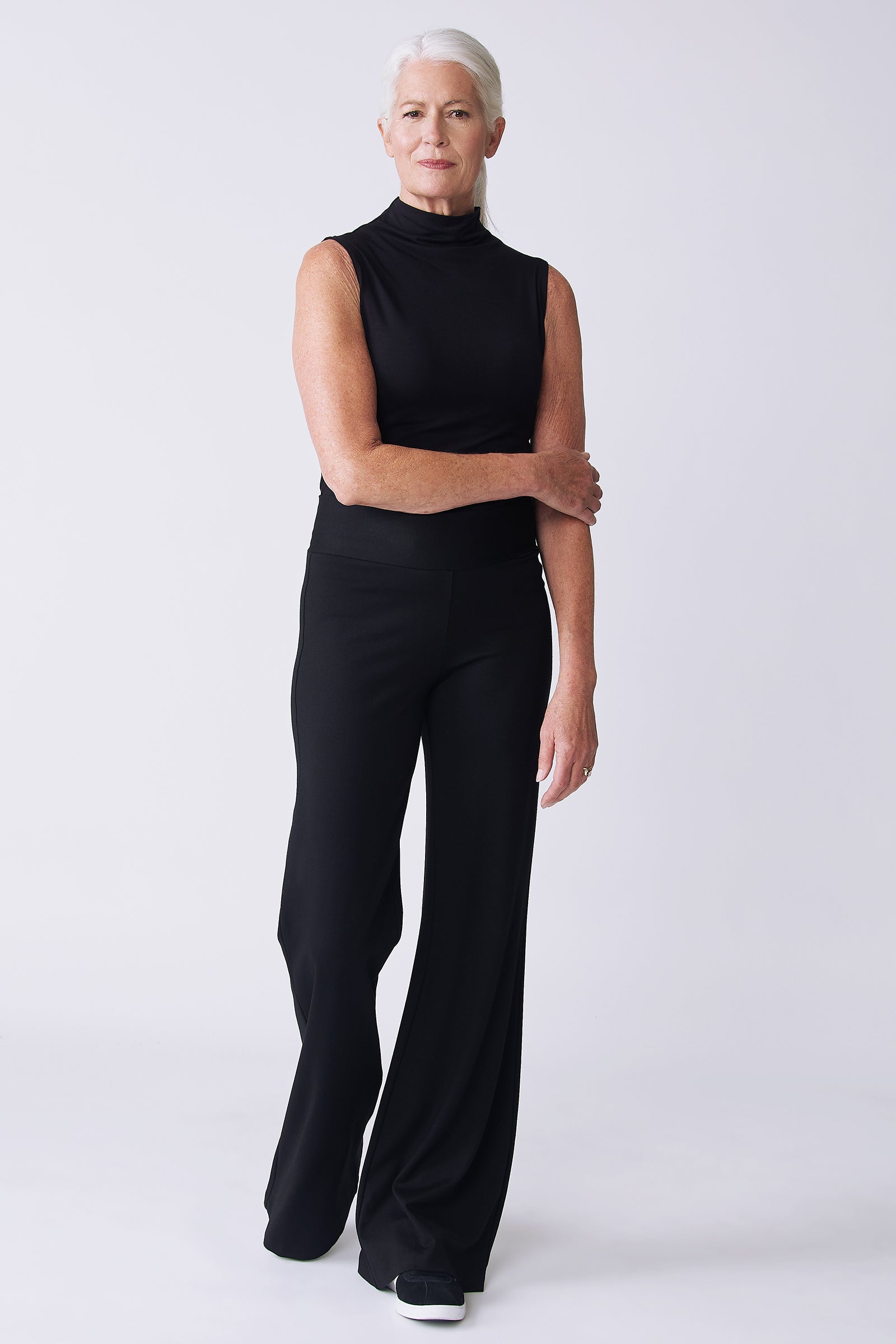 Kal Rieman Ponte Wide Leg in black on model front view walking