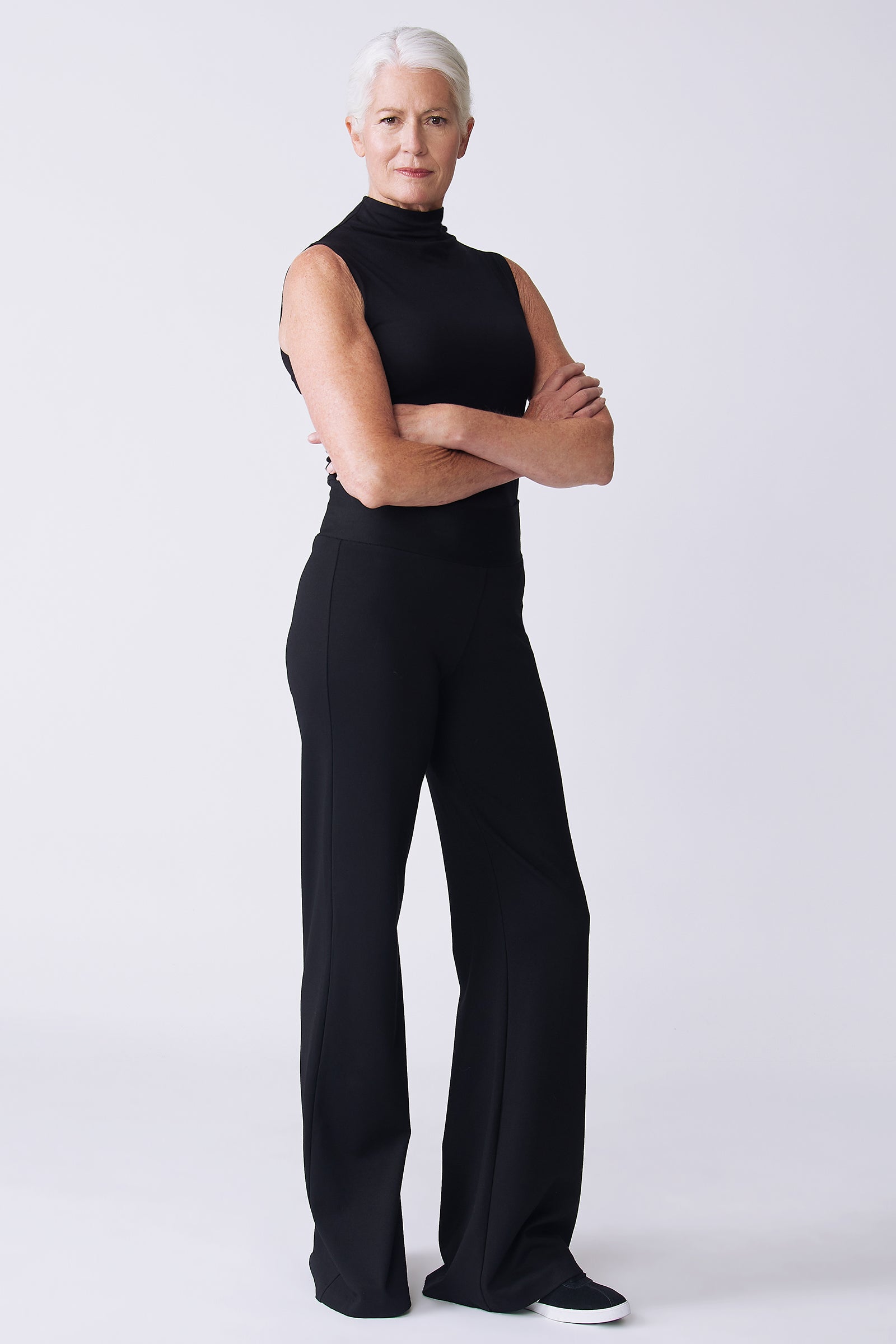 Kal Rieman Ponte Wide Leg in black on model side view arms crossed