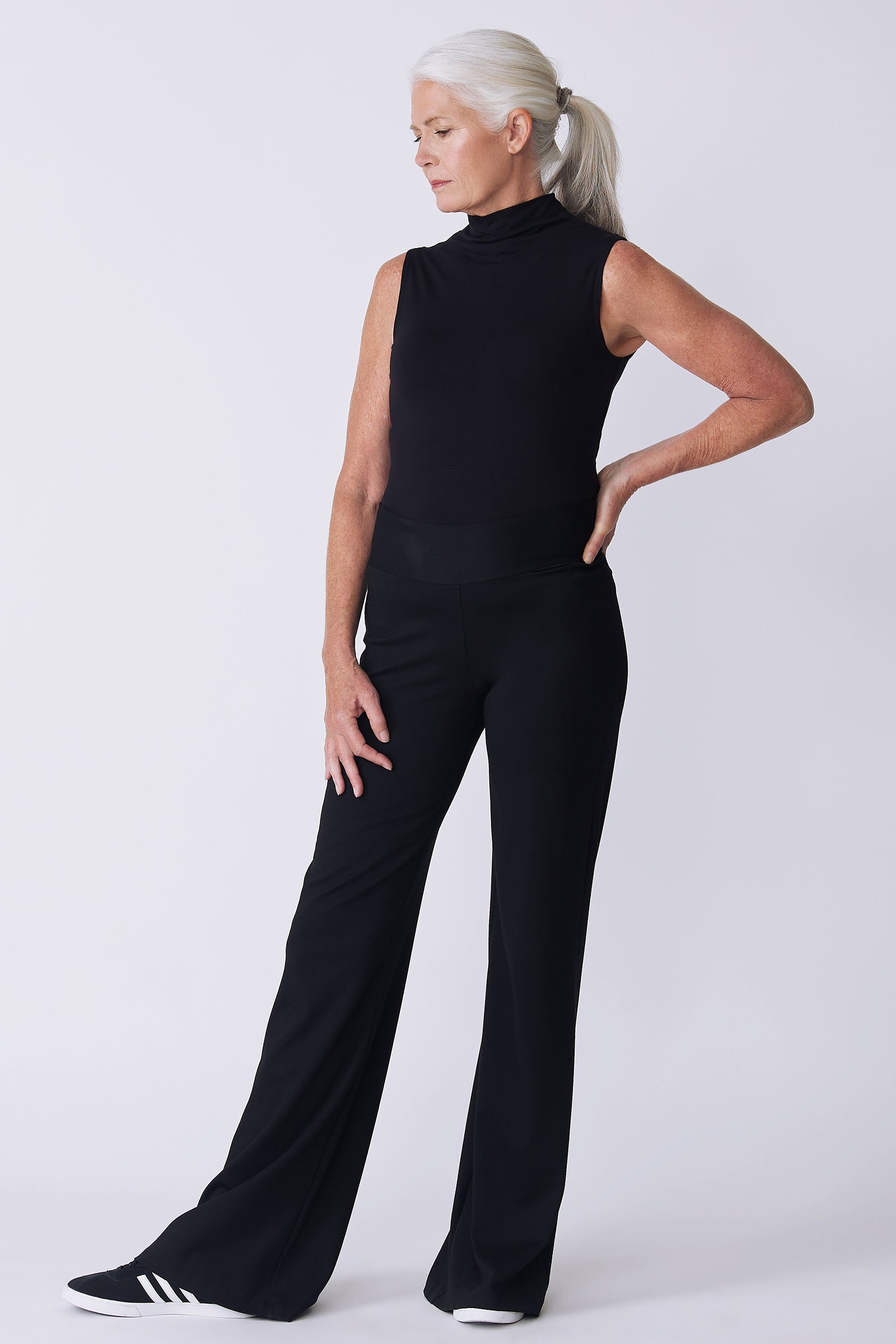 Kal Rieman Ponte Wide Leg in black on model side view hand on hip