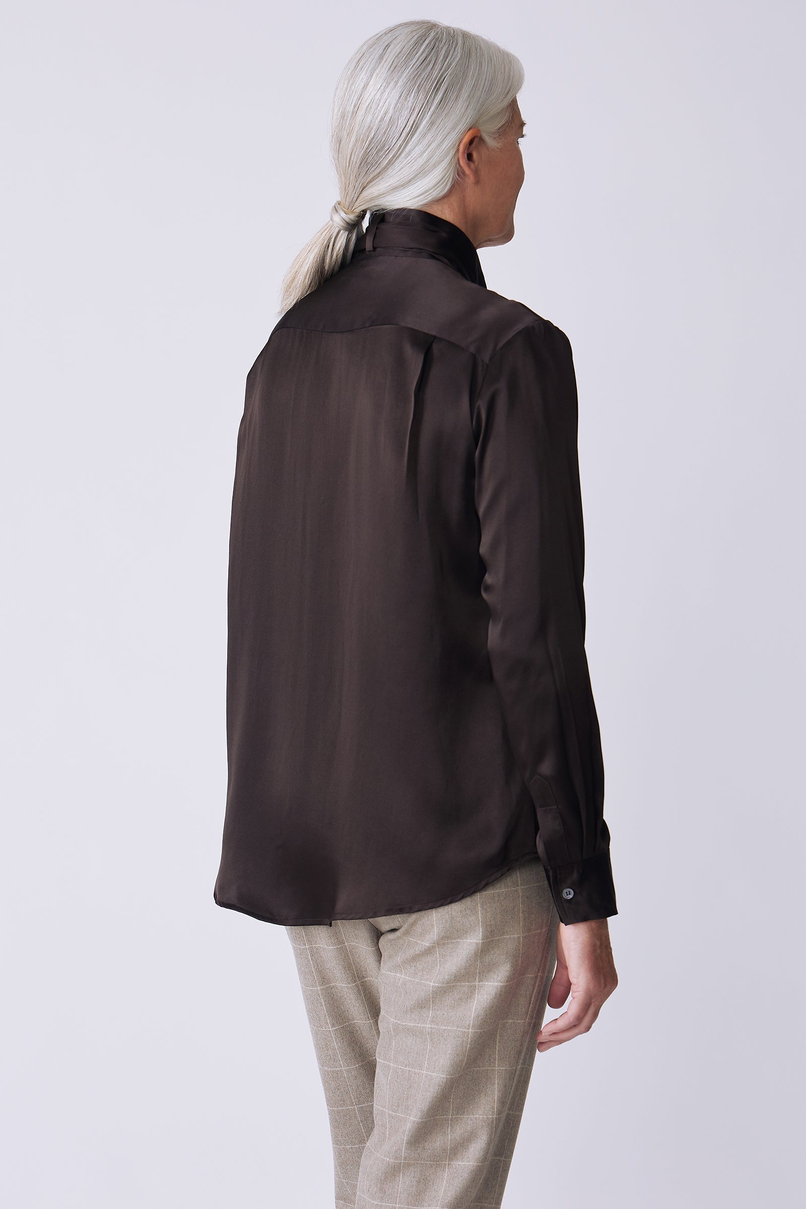 Kal Rieman Regency Silk Blouse in espresso color charmeuse on model back view