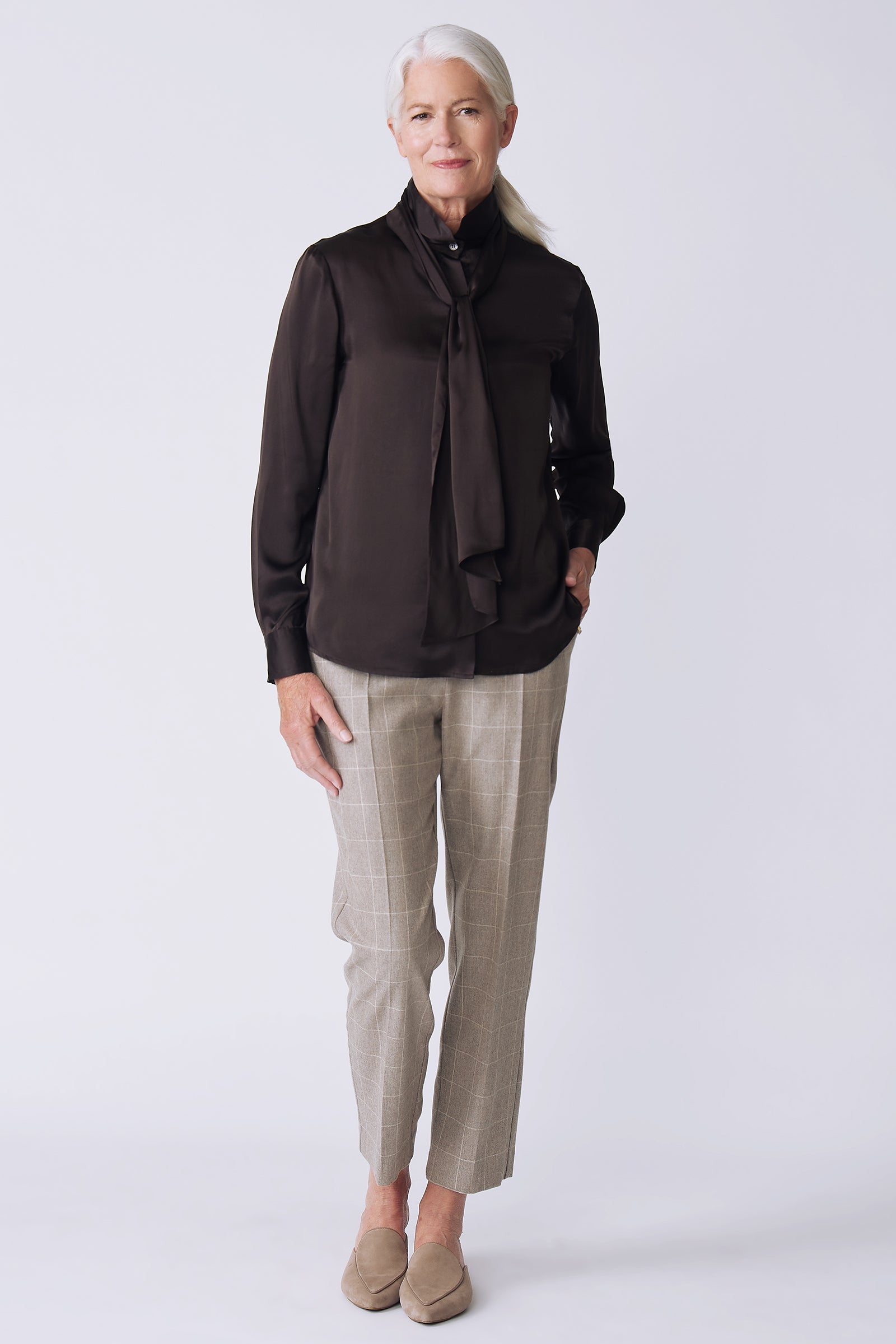 Kal Rieman Regency Silk Blouse in espresso color charmeuse on model front view full