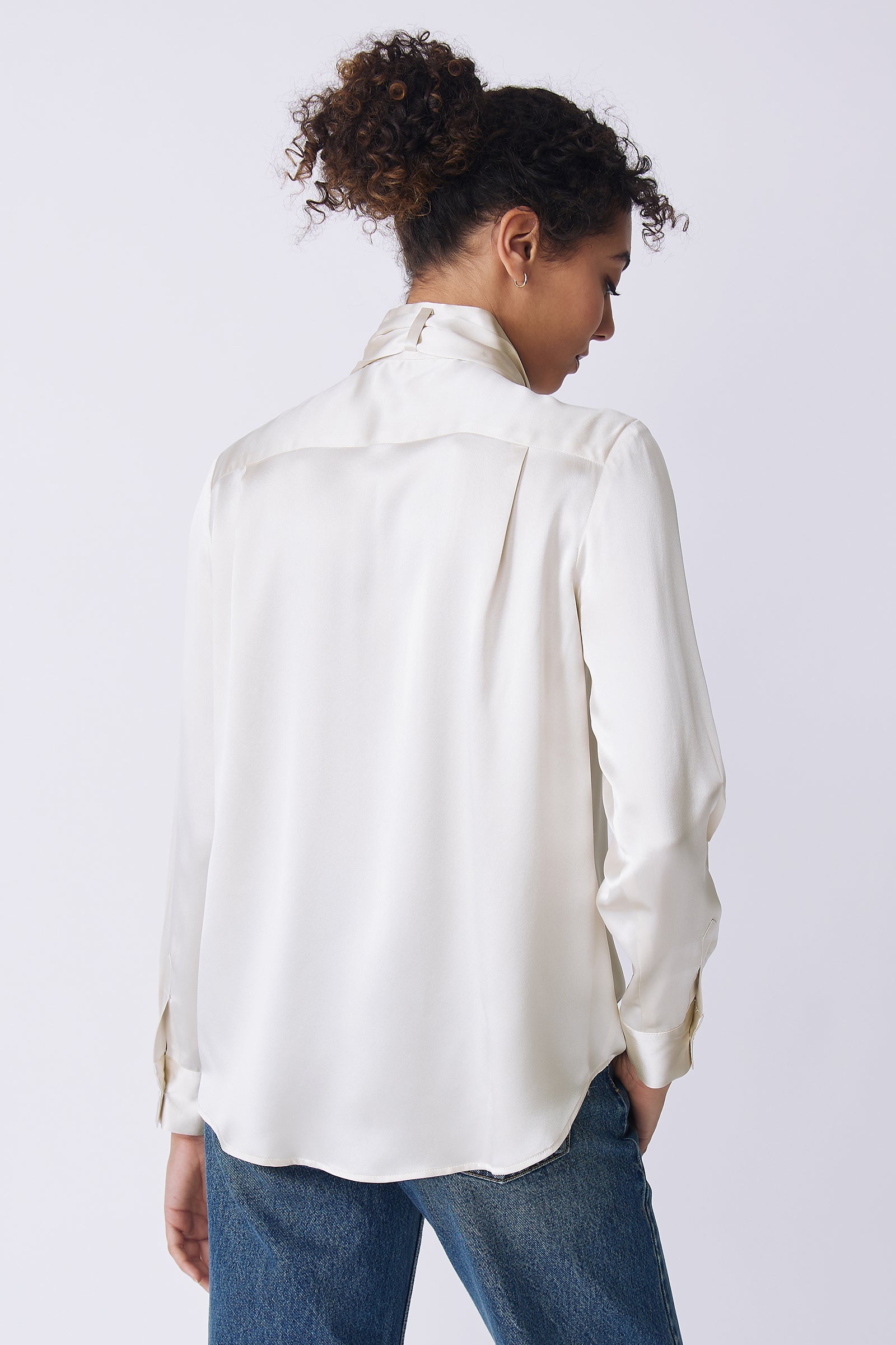 Kal Rieman Regency Silk Blouse in oyster color charmeuse on model back view