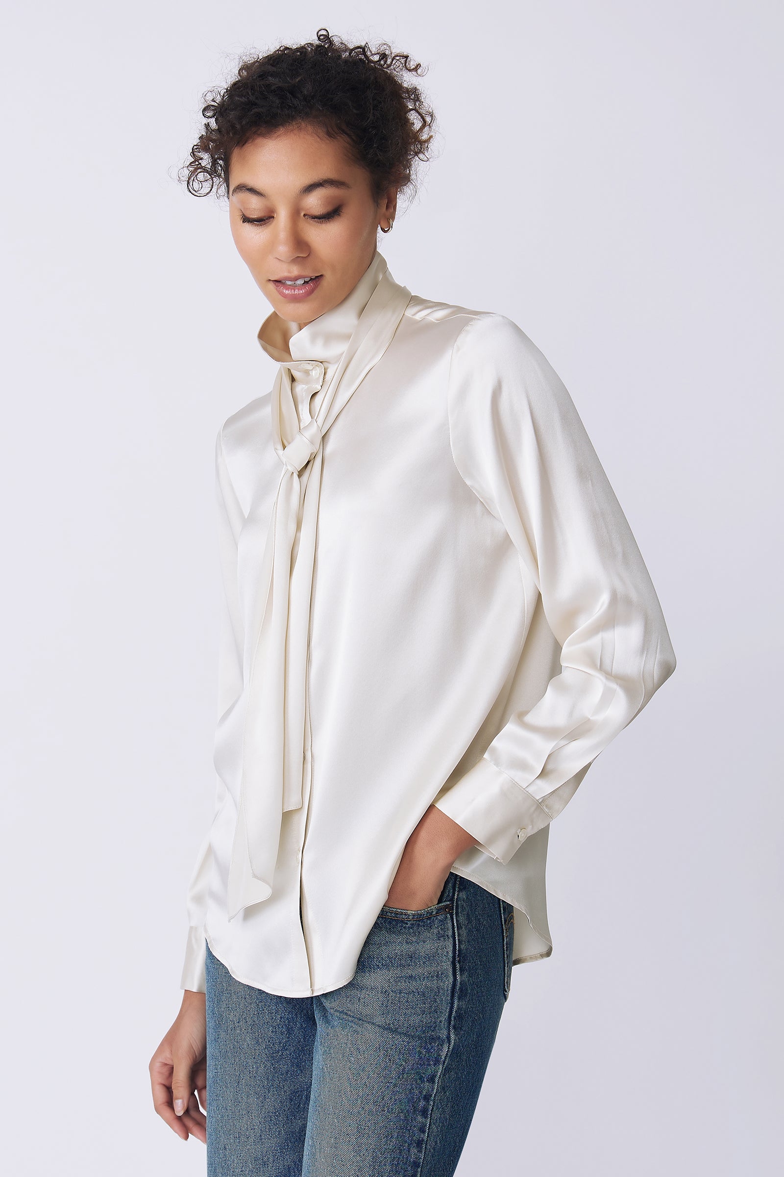 Kal Rieman Regency Silk Blouse in oyster color charmeuse on model side view looking down