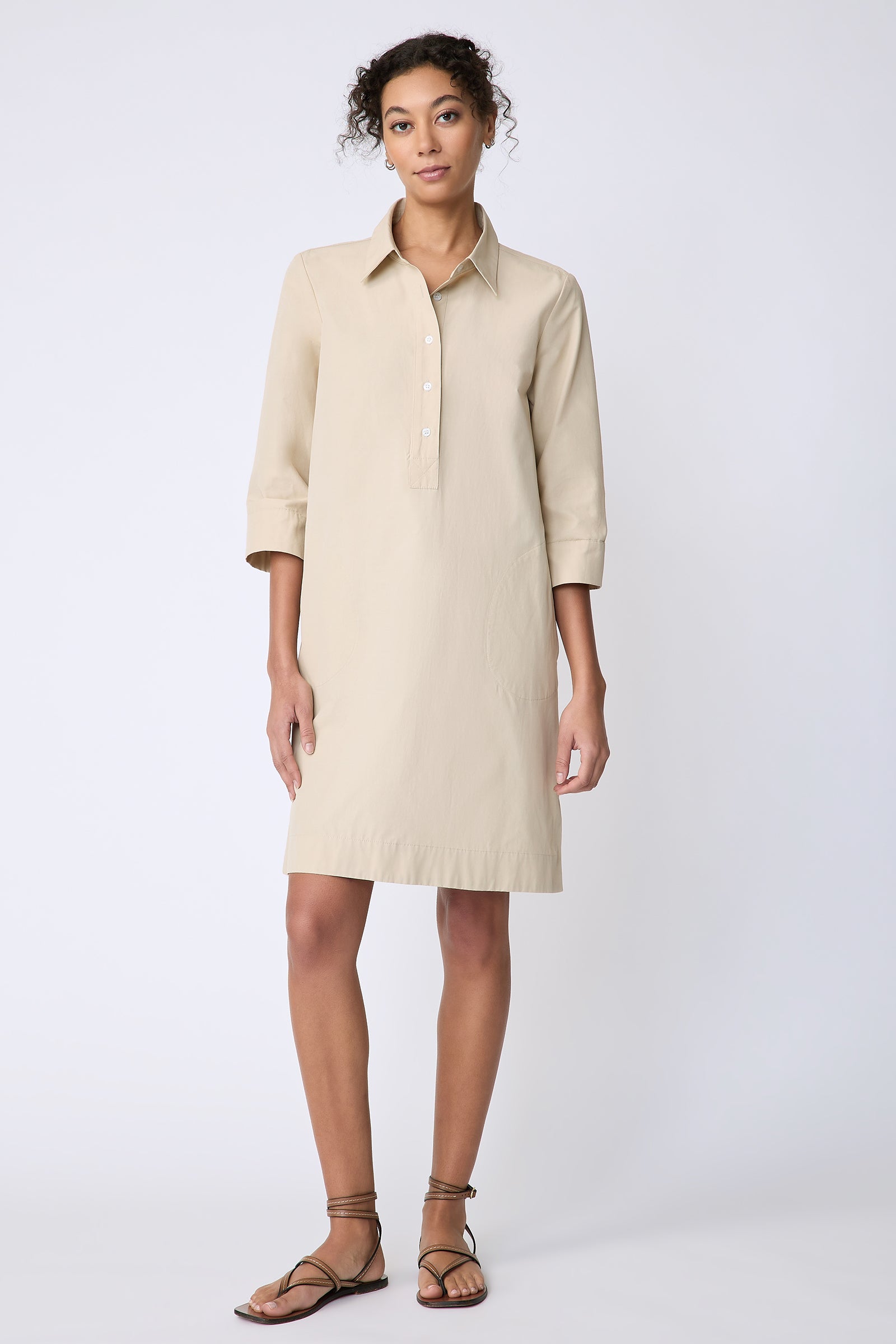 Kal Rieman Rene Placket Dress in Italian Broadcloth color sand on model front view