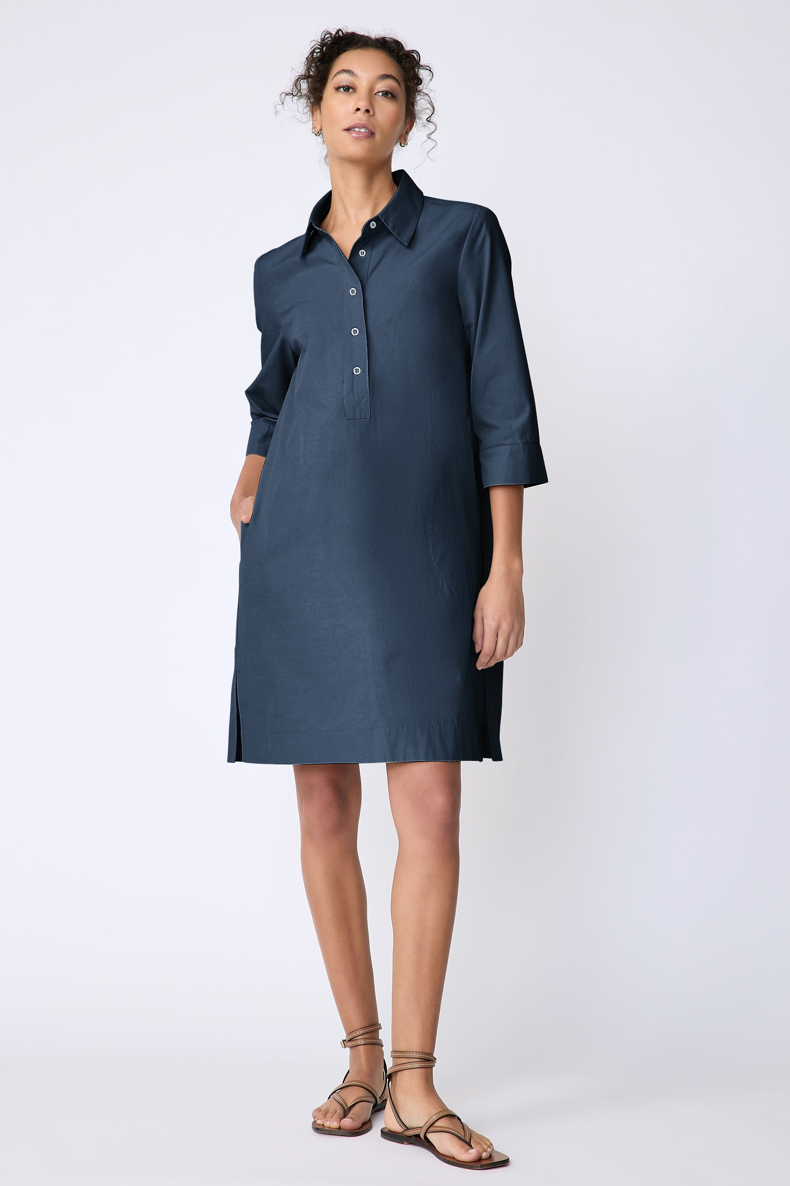 Kal Rieman Rene Placket Dress in Italian Broadcloth color summernavy on model front view hand in pocket