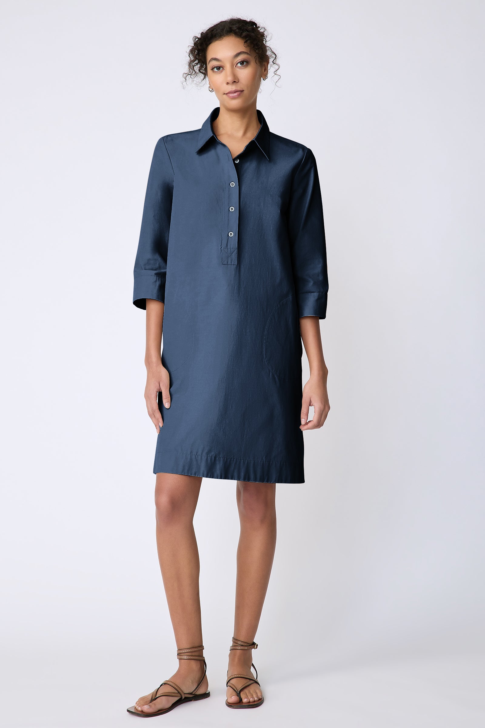 Kal Rieman Rene Placket Dress in Italian Broadcloth color summernavy on model front view