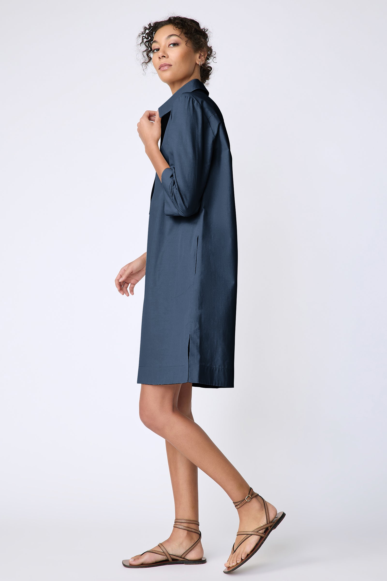 Kal Rieman Rene Placket Dress in Italian Broadcloth color summernavy on model side view walking