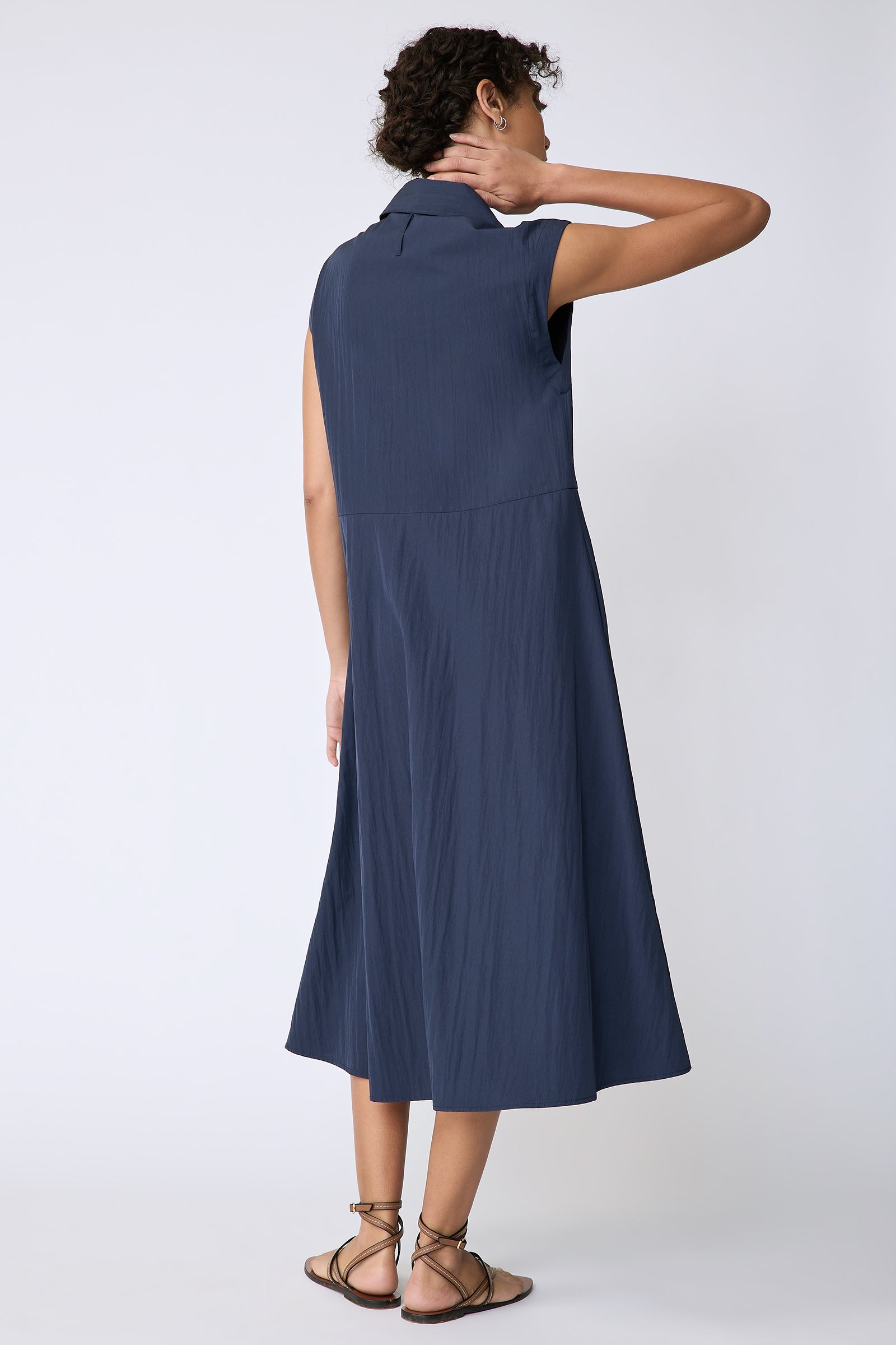 Kal Rieman Savannah Dress in navy typewriter cloth on model back view