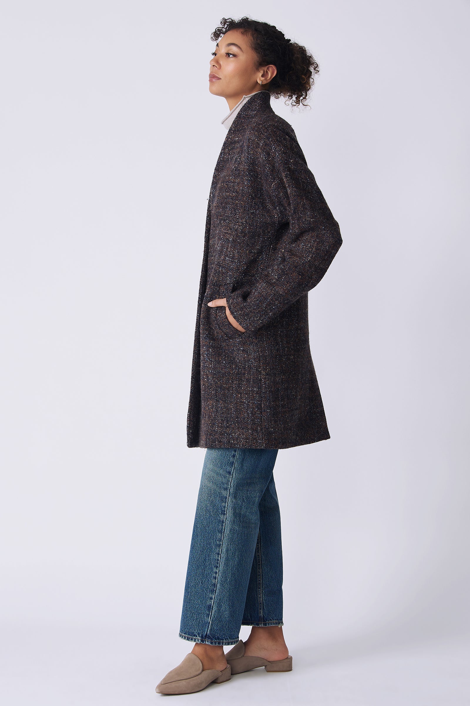 Kal Rieman Sloan Coat in multi on model side view hands in pockets