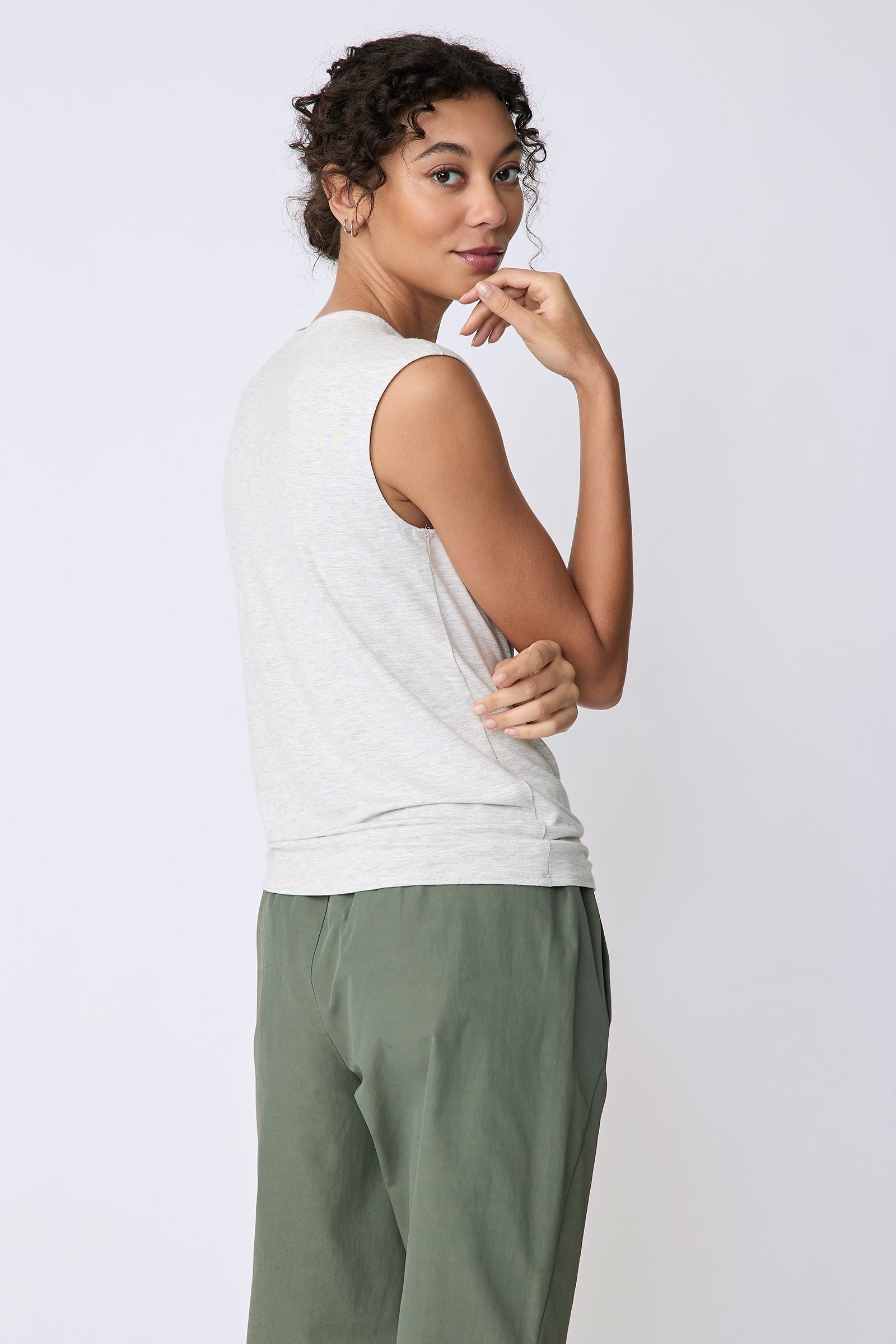 Kal Rieman Sonia Side Tie Tank in oatmeal on model back view hand on face