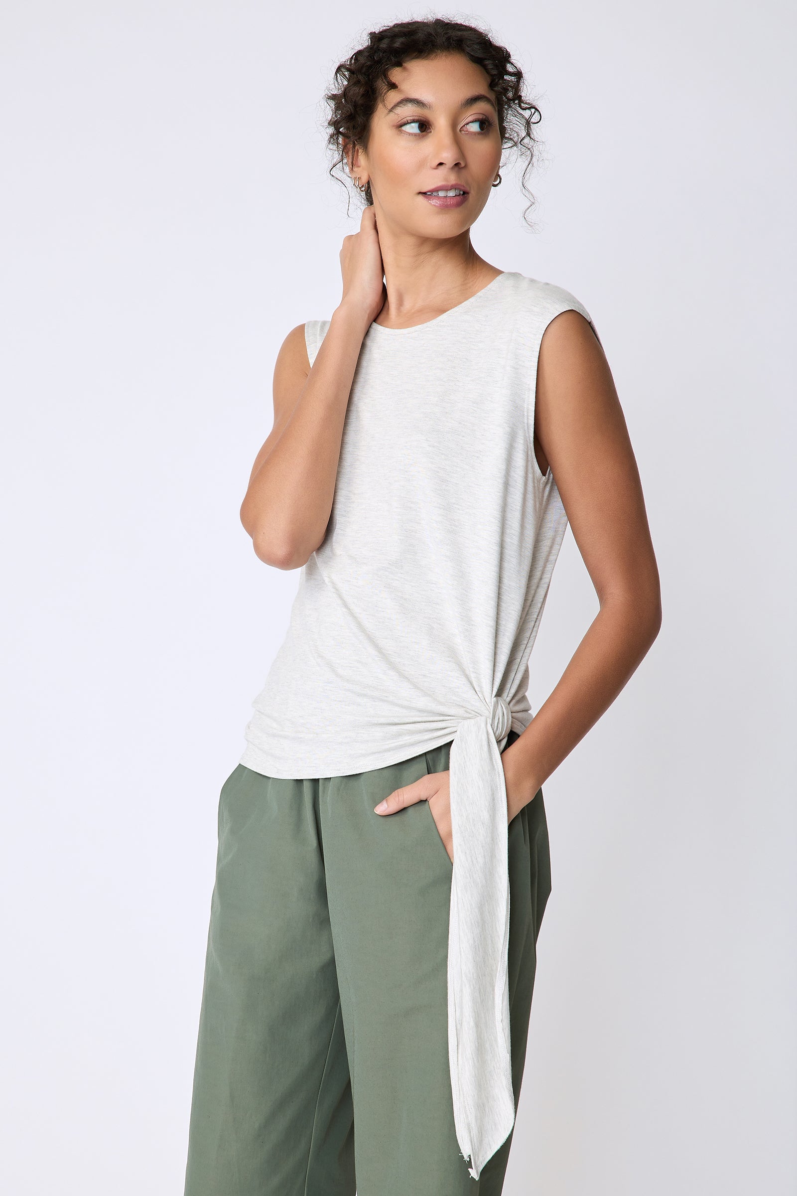 Kal Rieman Sonia Side Tie Tank in oatmeal on model side view hand on neck and in pocket