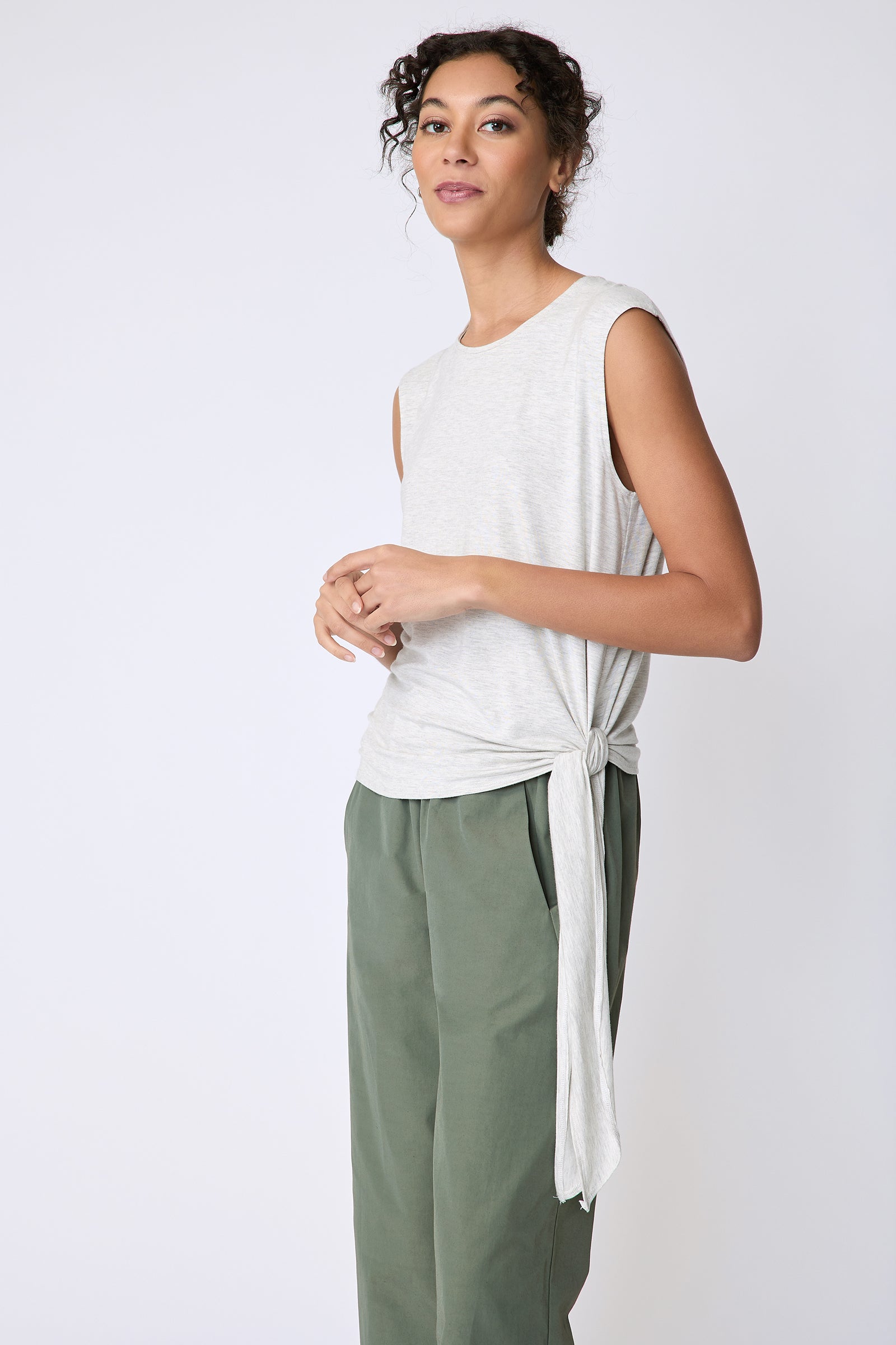 Kal Rieman Sonia Side Tie Tank in oatmeal on model side view hands in front