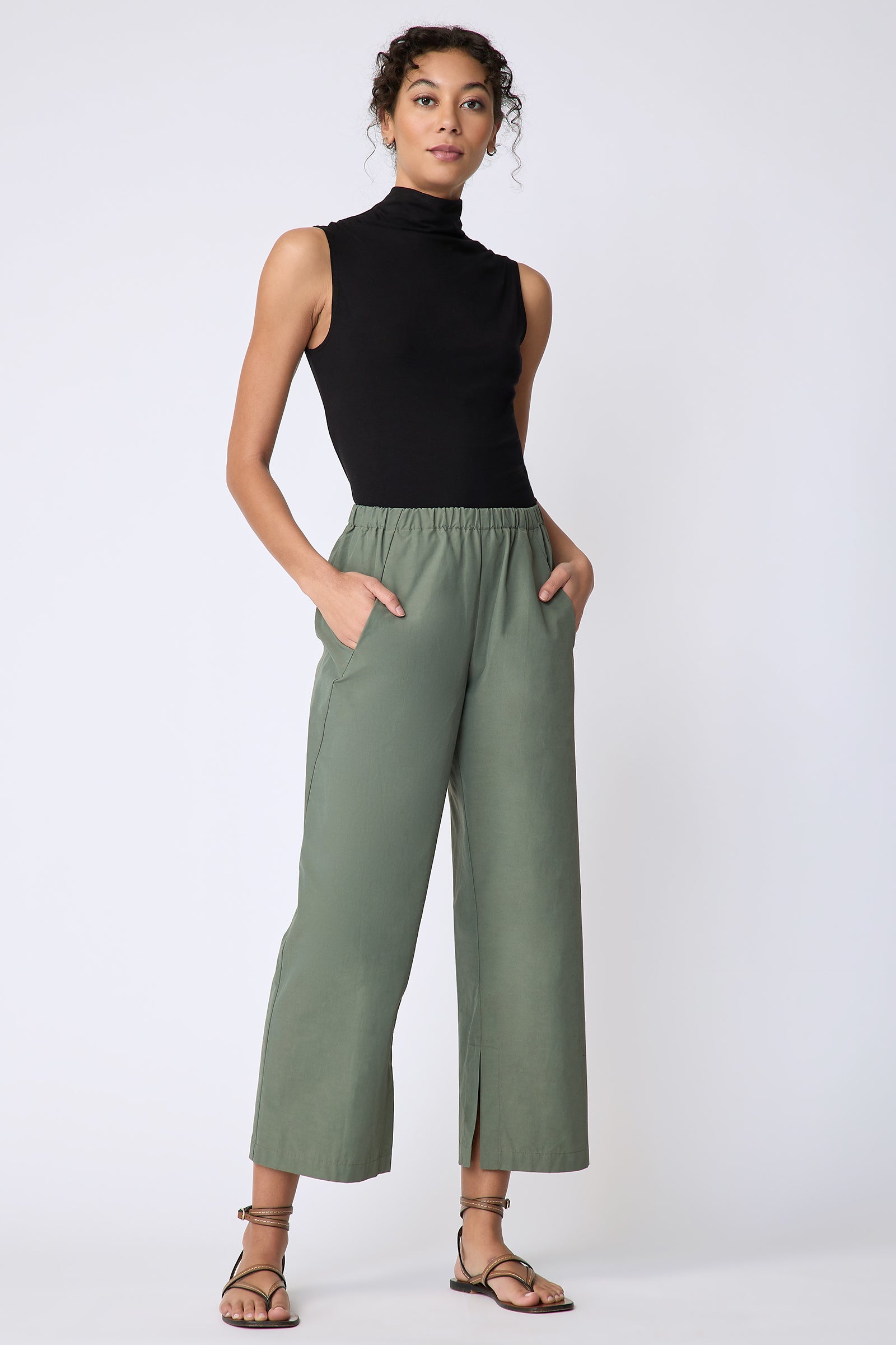 Kal Rieman Split Hem Capri in Cactus Broadcloth on model front view hands in pockets