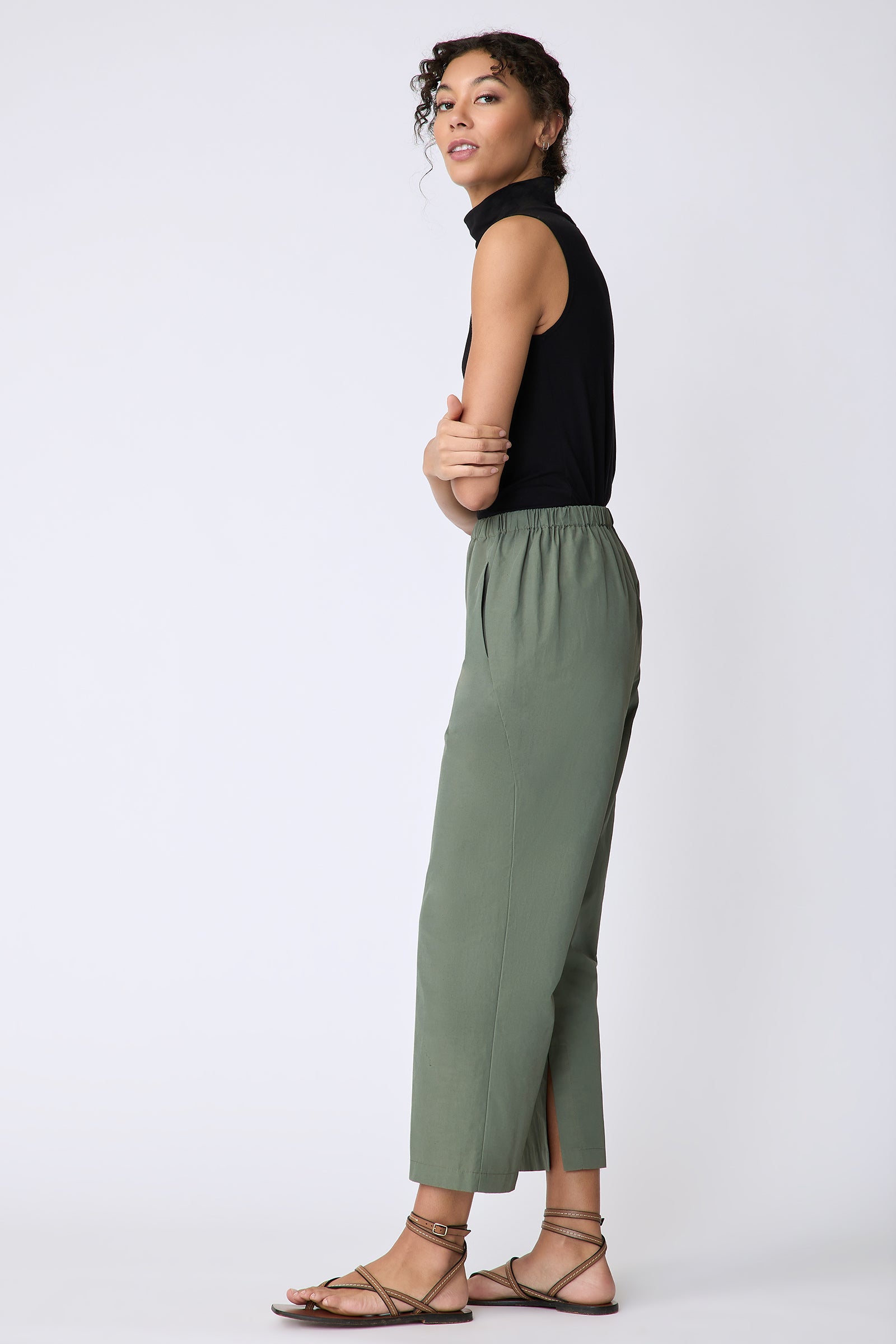 Kal Rieman Split Hem Capri in Cactus Broadcloth on model side view arms crossed in front
