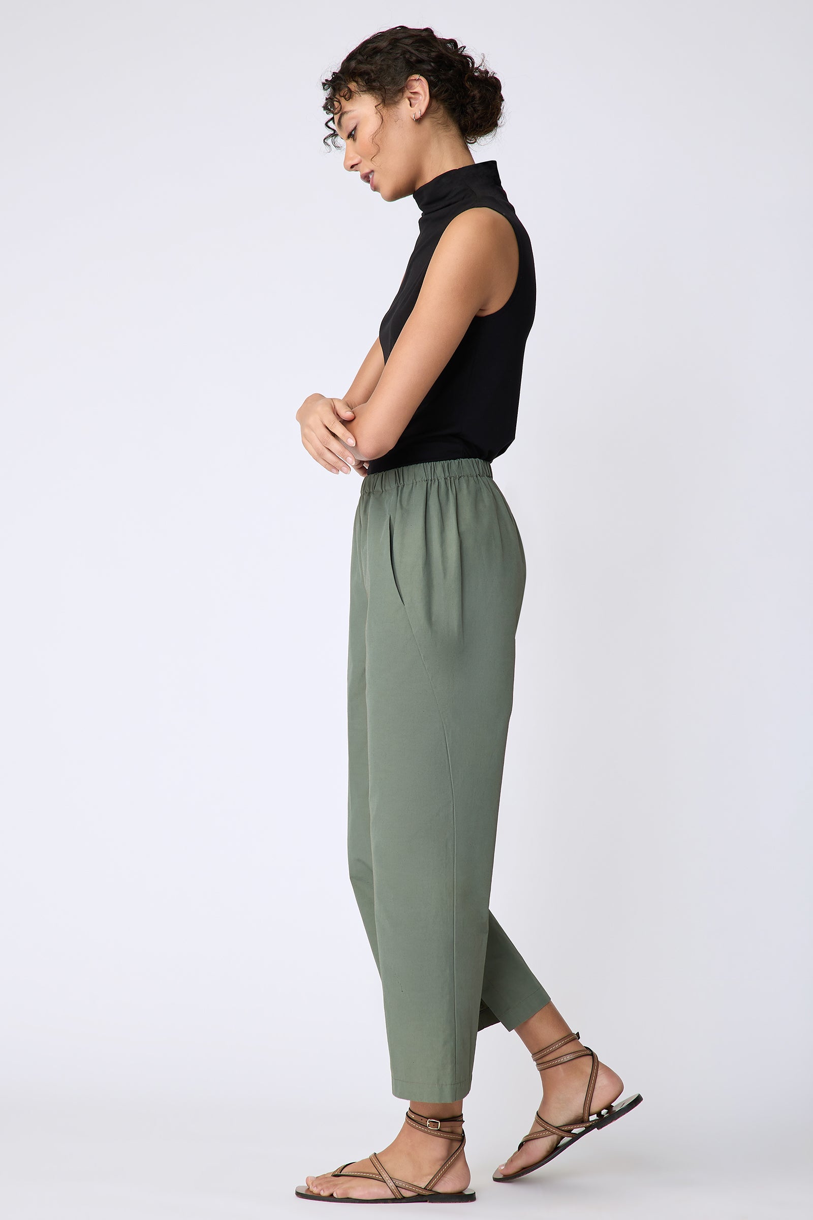 Kal Rieman Split Hem Capri in Cactus Broadcloth on model side view walking