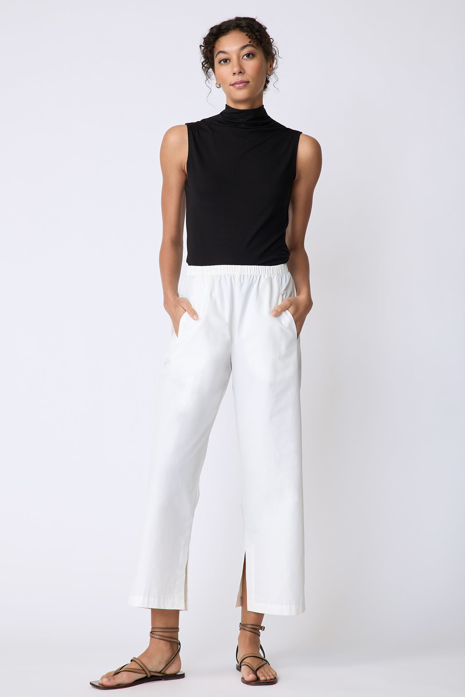 Kal Rieman Split Hem Capri in Ecru Broadcloth on model front view hands in pockets
