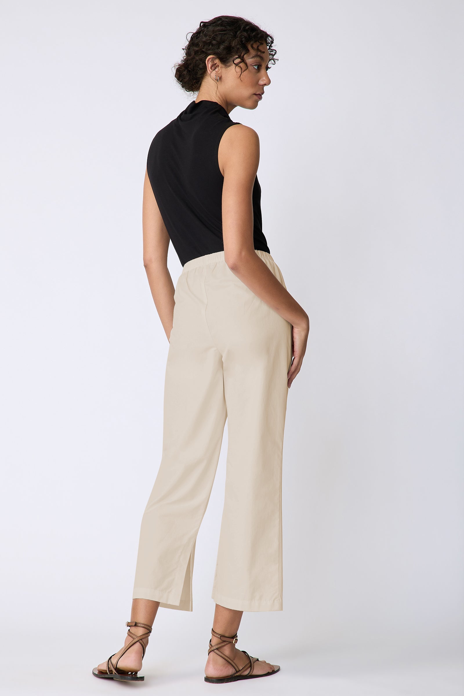 Kal Rieman Split Hem Capri in Sand
 Broadcloth on model back view