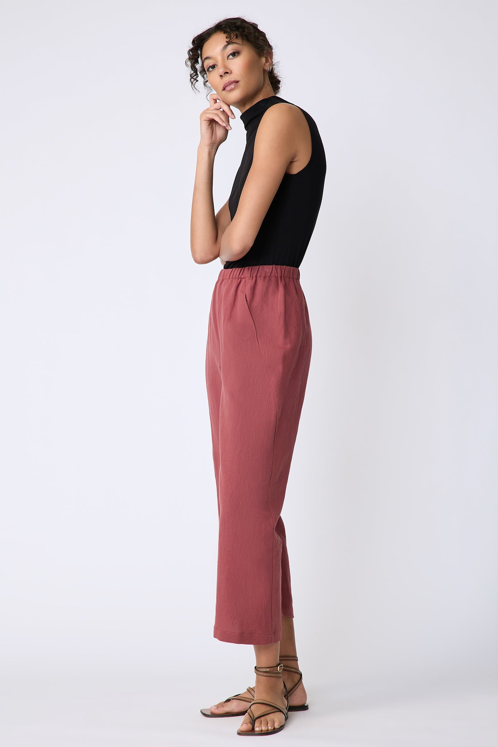 Kal Rieman Split Hem Capri in Terracotta cotton linen on model side view
