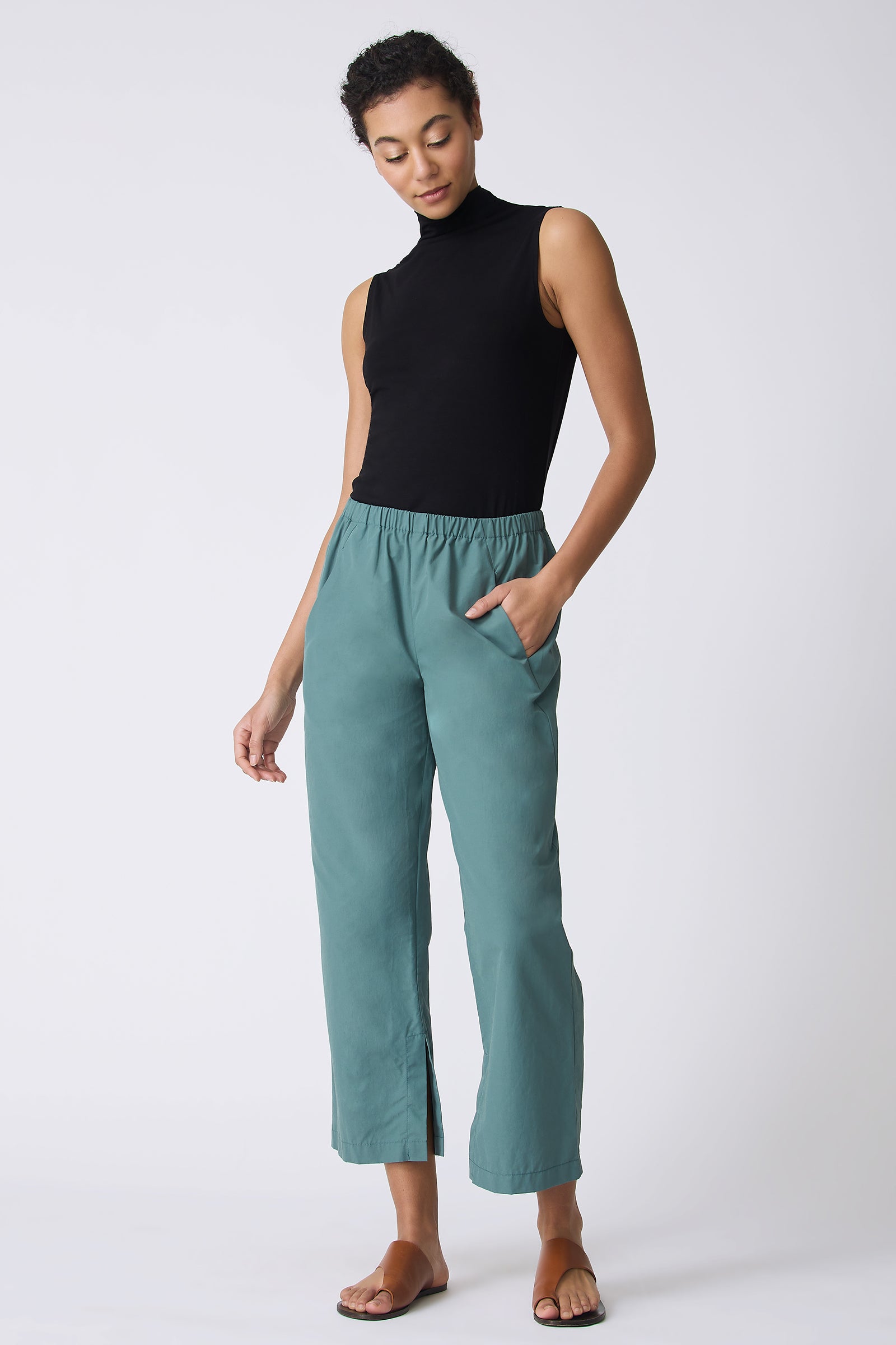 Kal Rieman Split Hem Capri in Sage Broadcloth on model looking down full front view