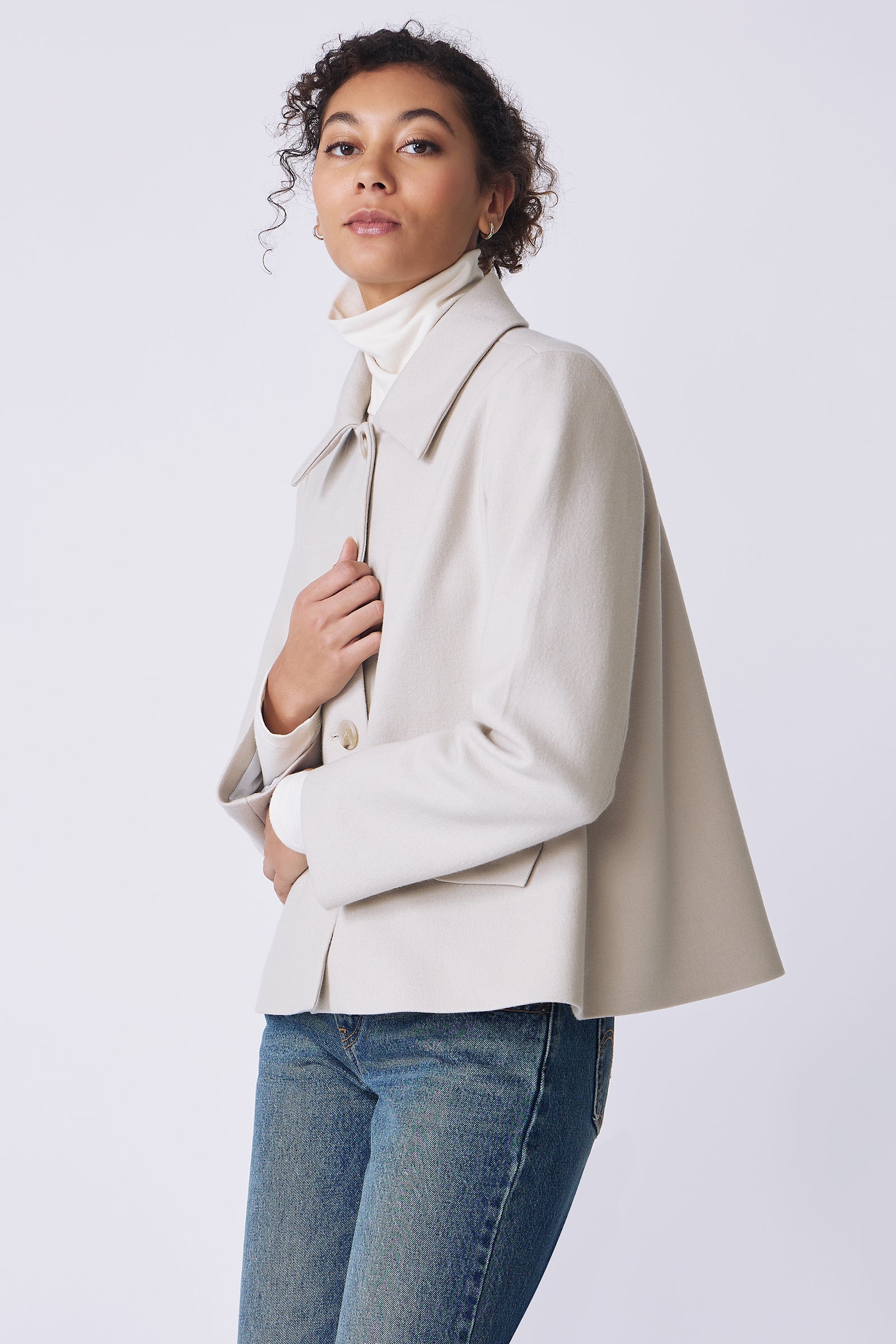 Kal Rieman Sylvie Swing Jacket in mink felted jersey on model side view arms crossed