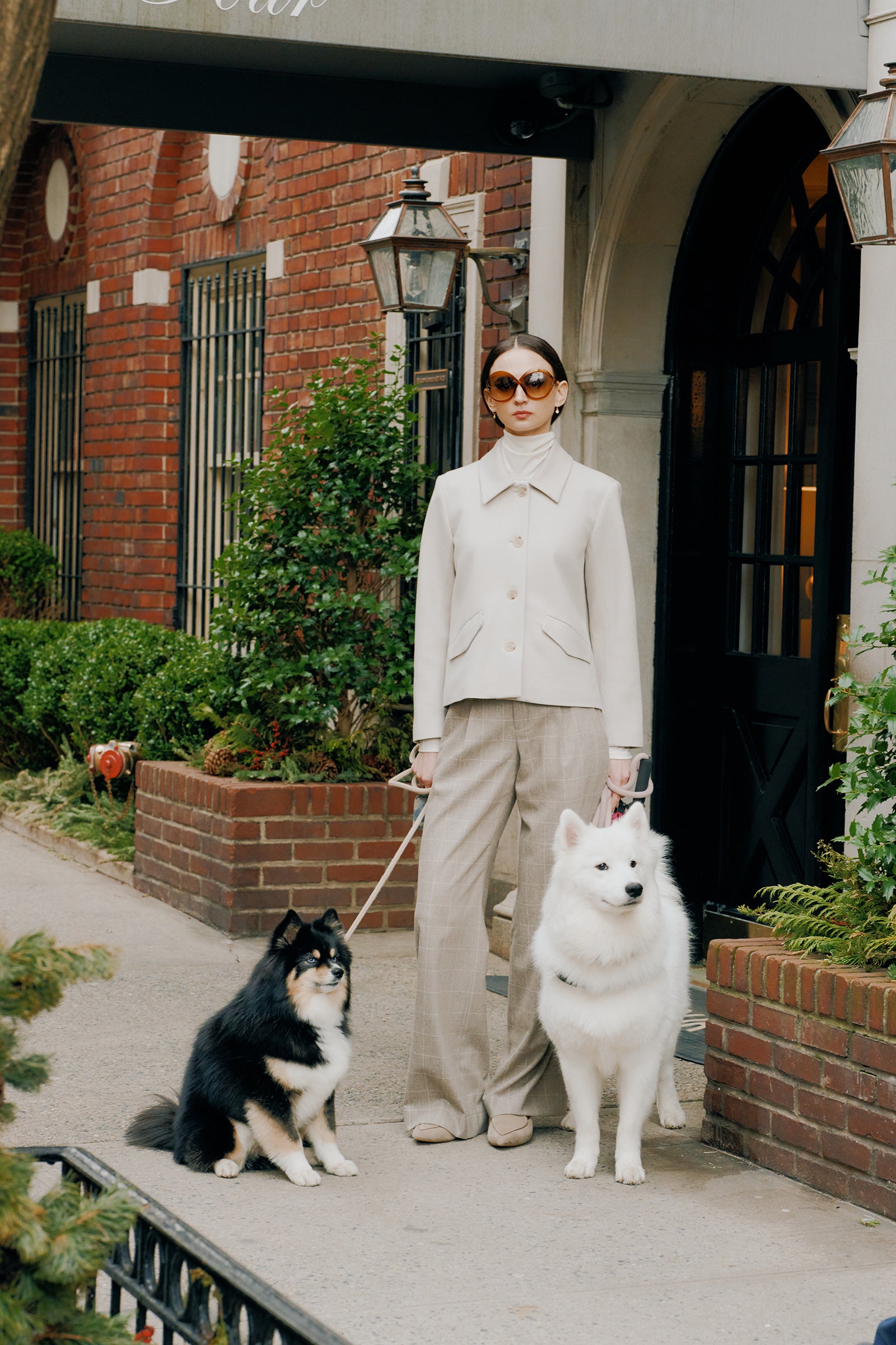 Kal Rieman Gabby Trouser in camel windowpane on model front view full